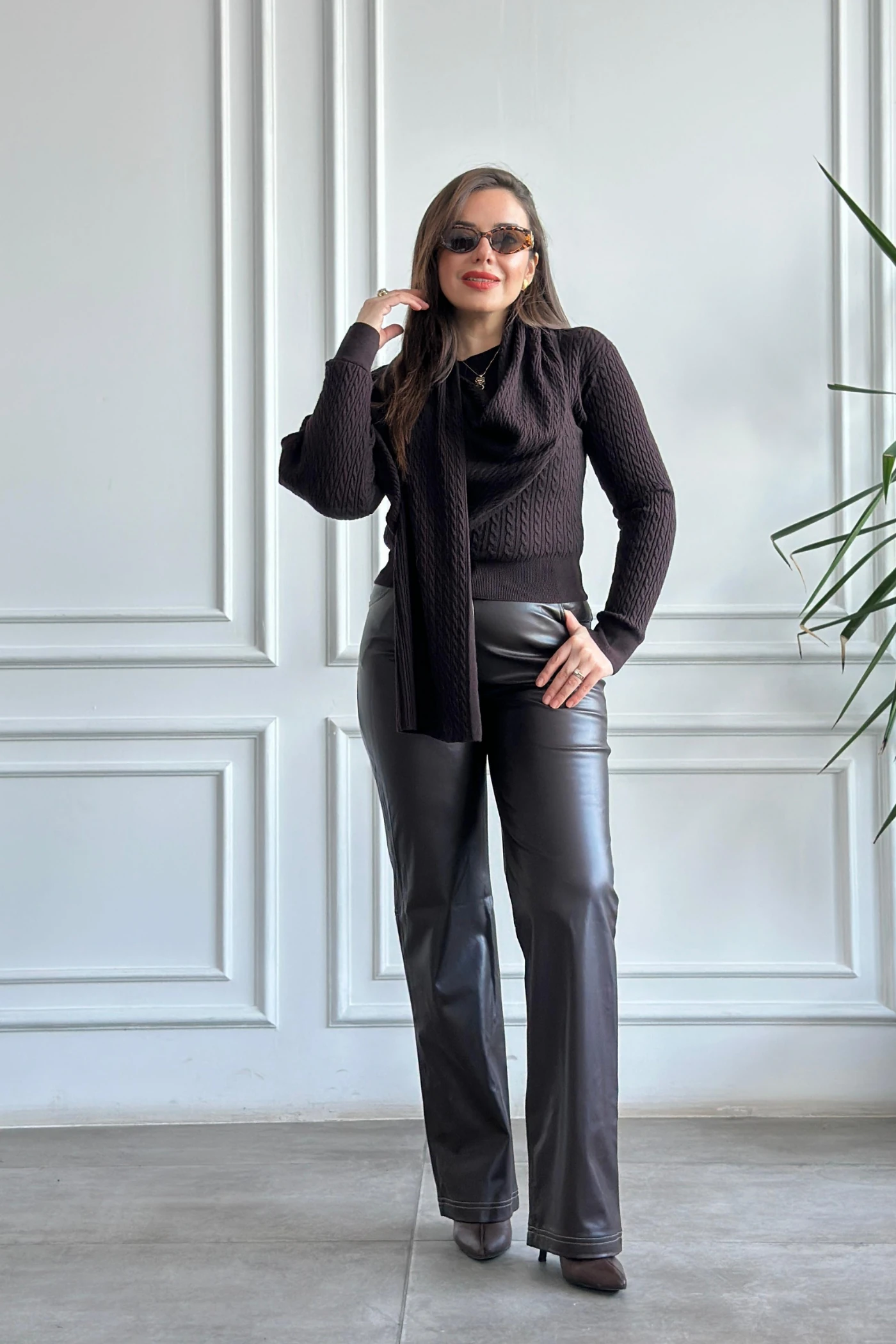 Sıvama Şardonlu Deri Pantolon - KAHVERENGI