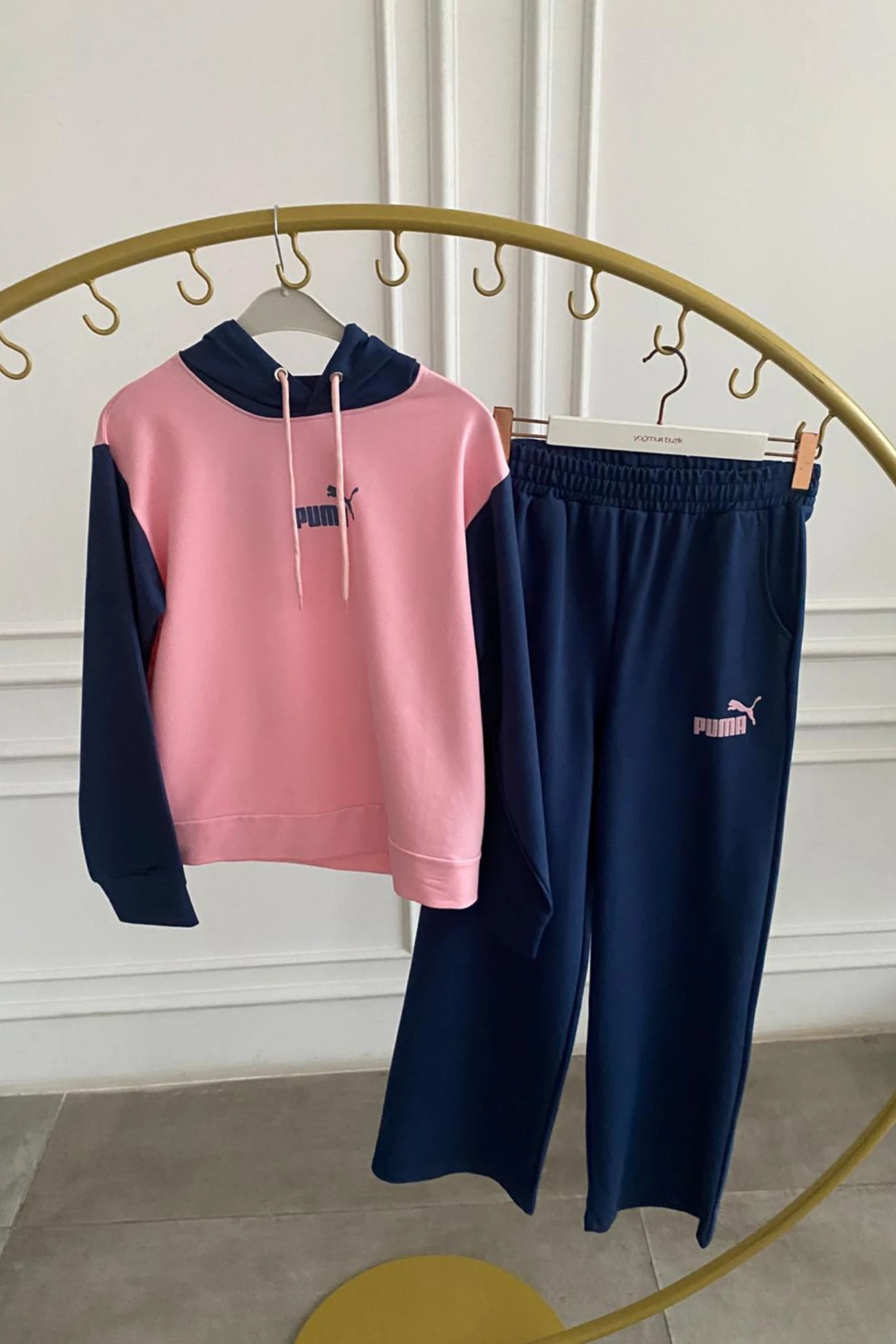 Önü Yazı Baskılı Kapşonlu Eşofman Takımı - PEMBE LACIVERT