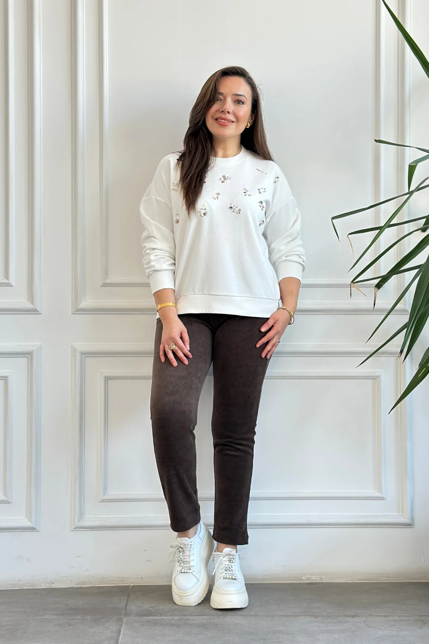 Beli Lastikli Kadife Dar paça Pantolon - KAHVERENGI