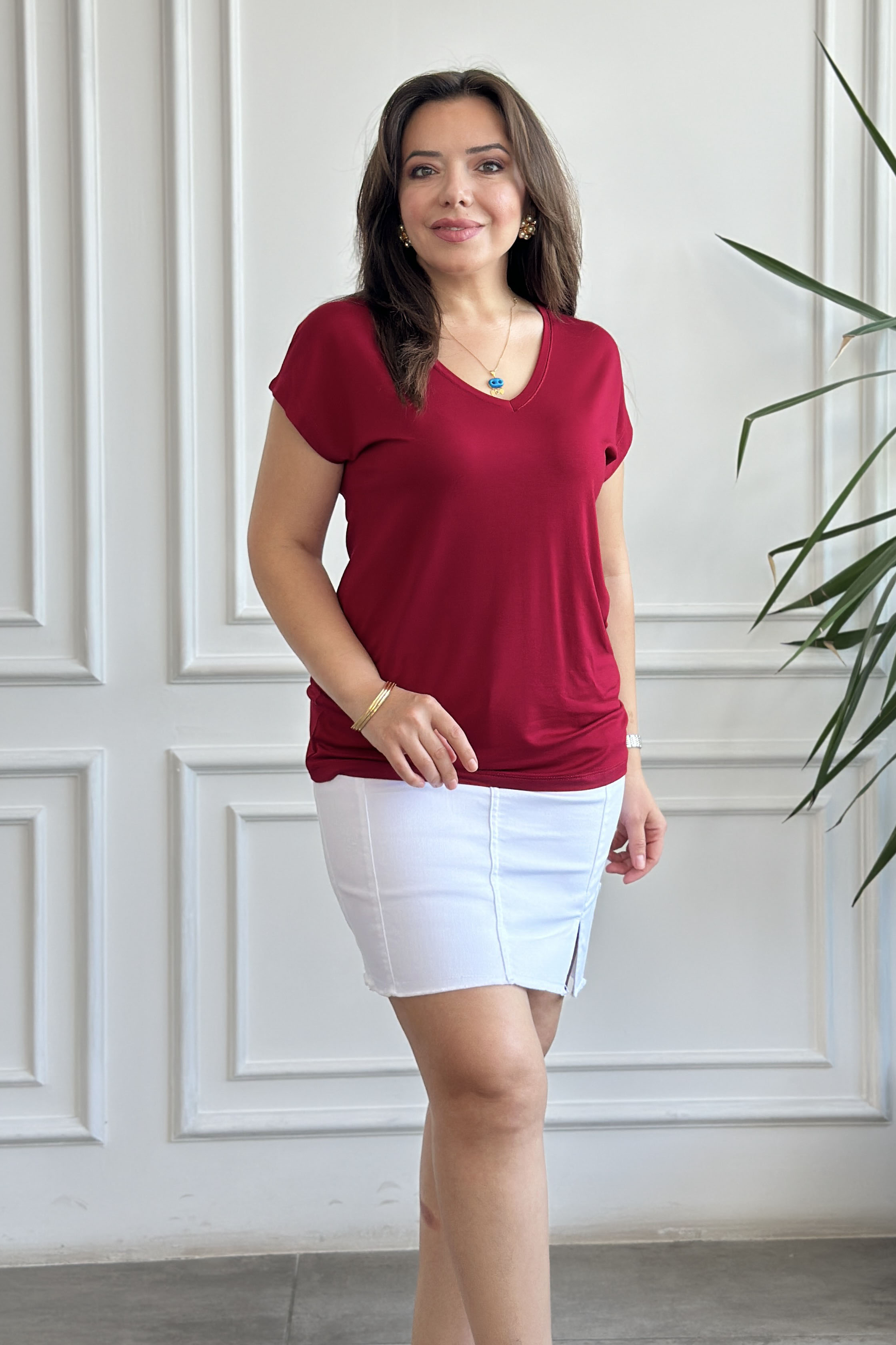 V Yaka Basic T-Shirt - BORDO
