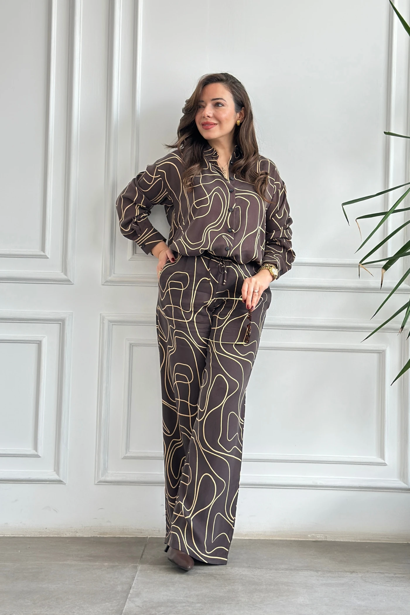 Çizgi Desenli Pantolonu Bol Paça Tensel Takım