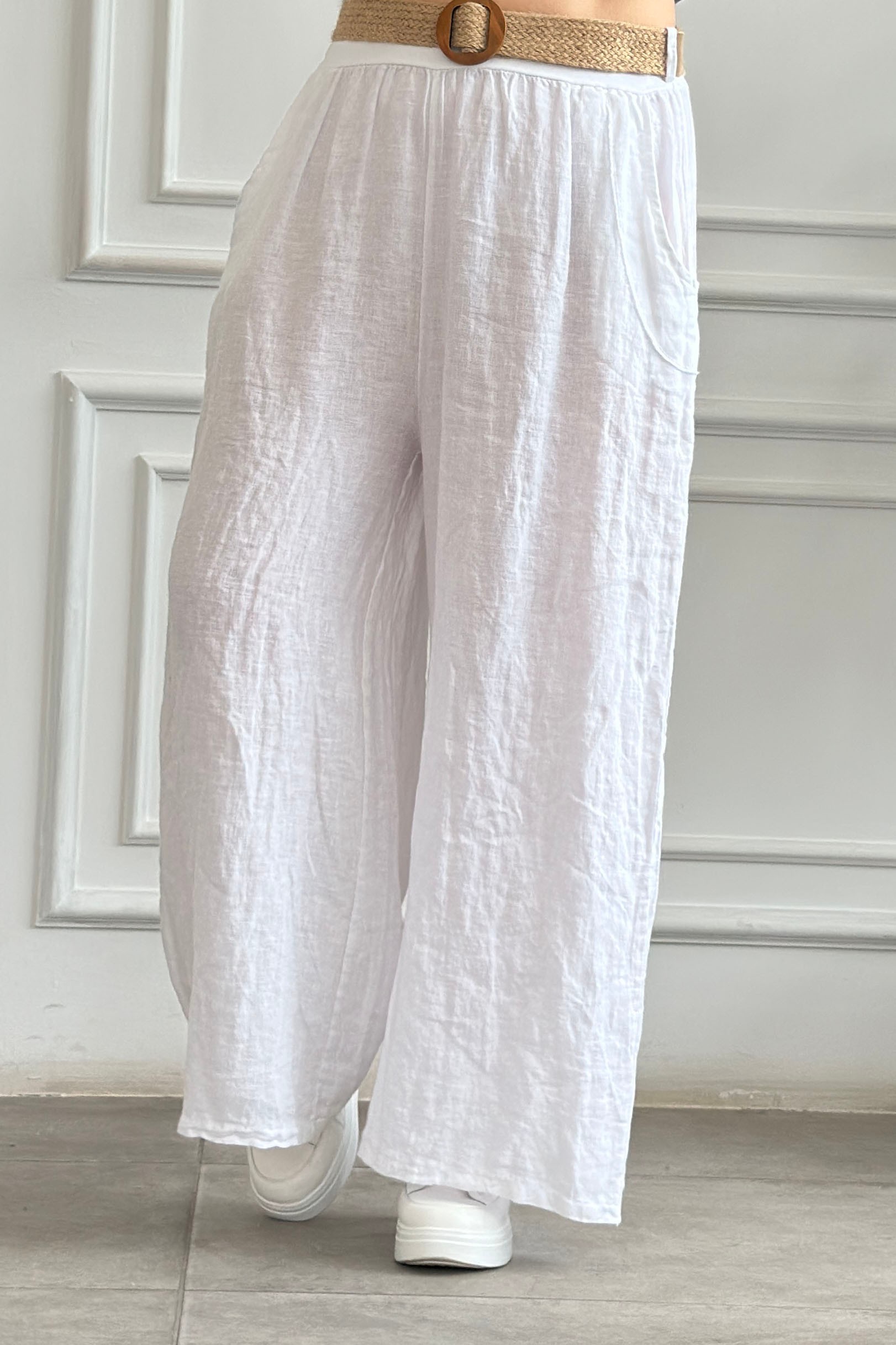 Tokalı Kemerli Keten Pantolon