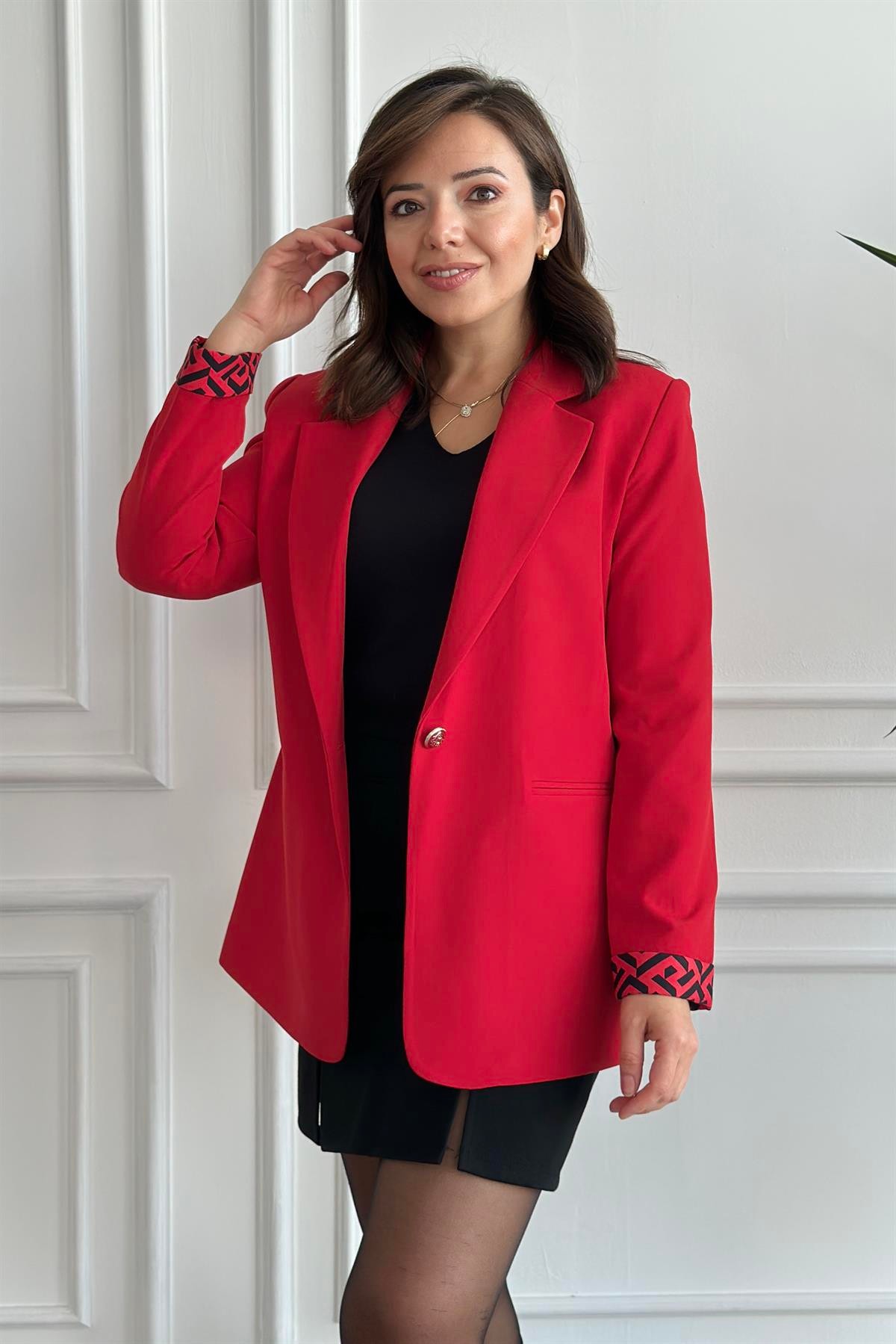 Manşetleri Ve Astarı Labirent Desenli Blazer Ceket