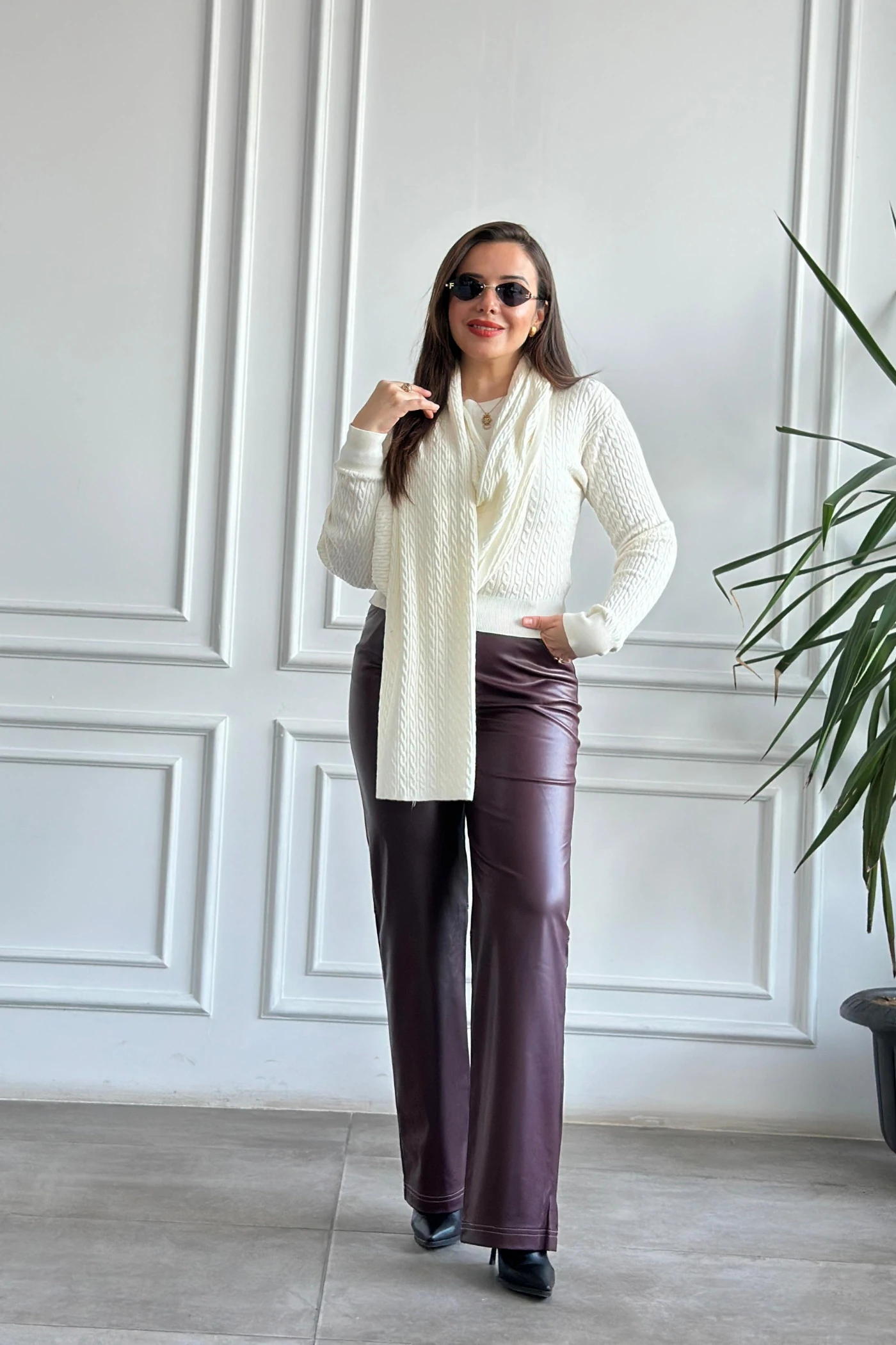 Sıvama Şardonlu Deri Pantolon - BORDO