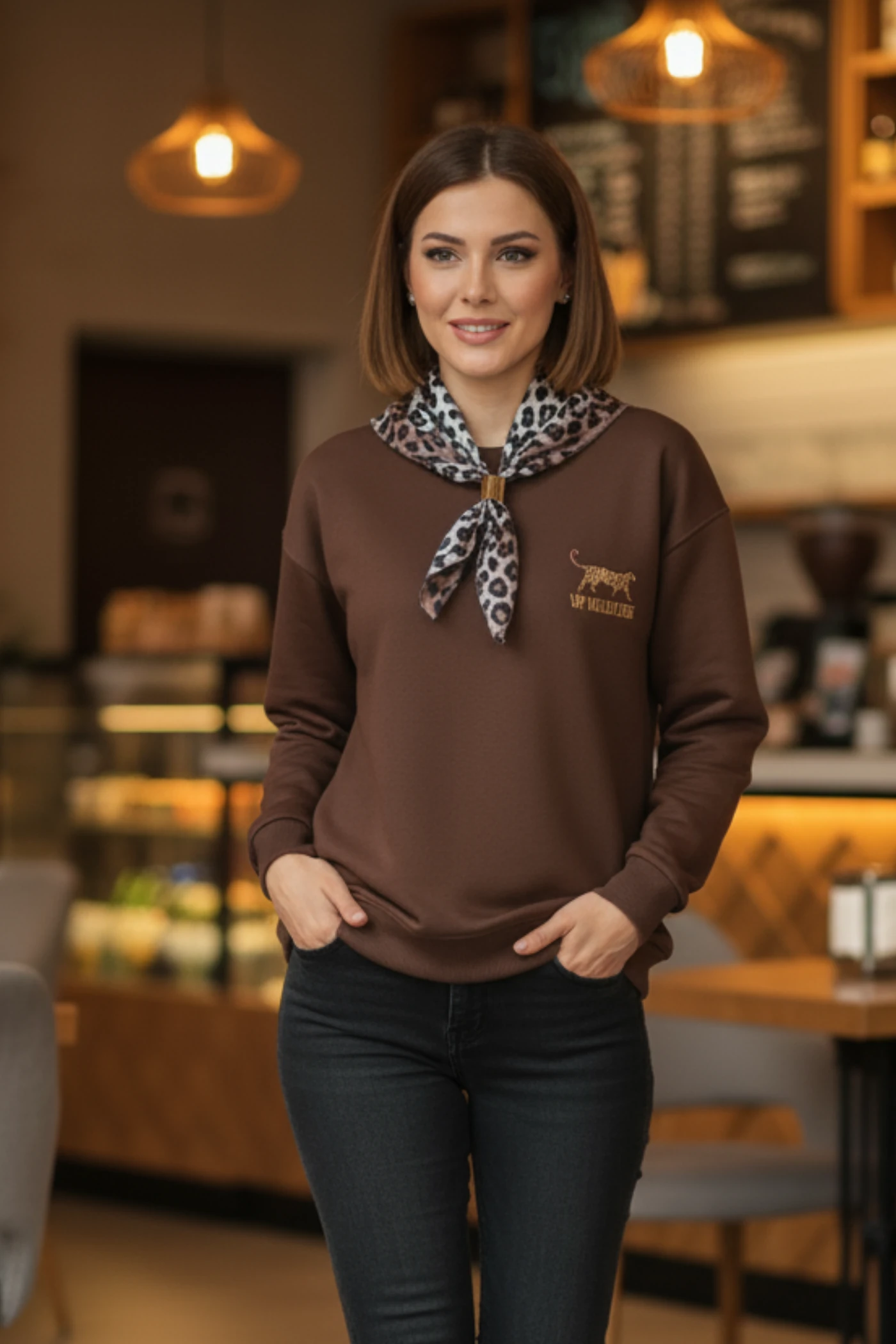 Leopar Nakış İşlemeli Yakası Fular Detaylı - KAHVERENGI