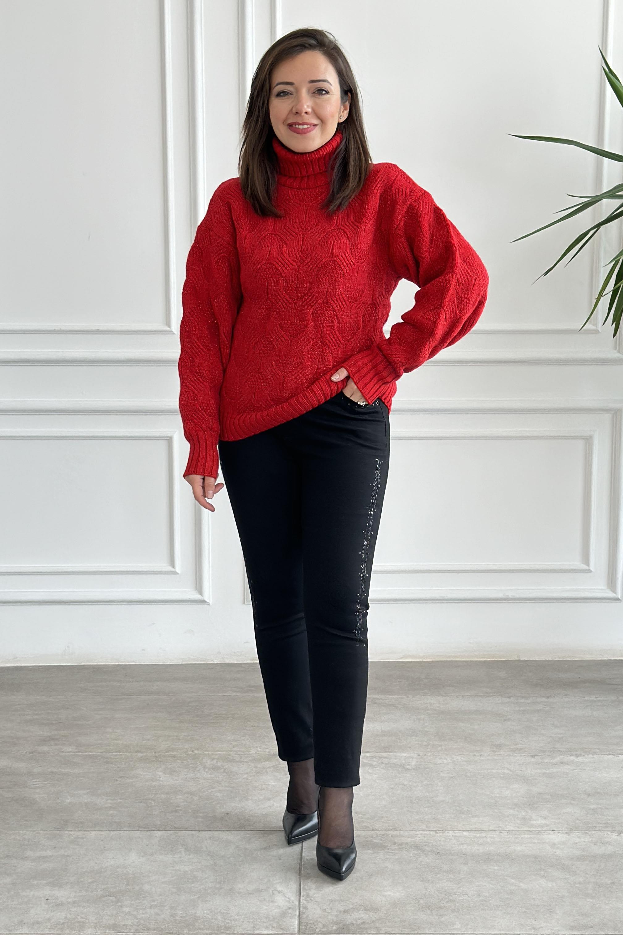 Büyük Beden Yüksek Bel Likralı Kenar Taş İşlemeli Kot Pantolon