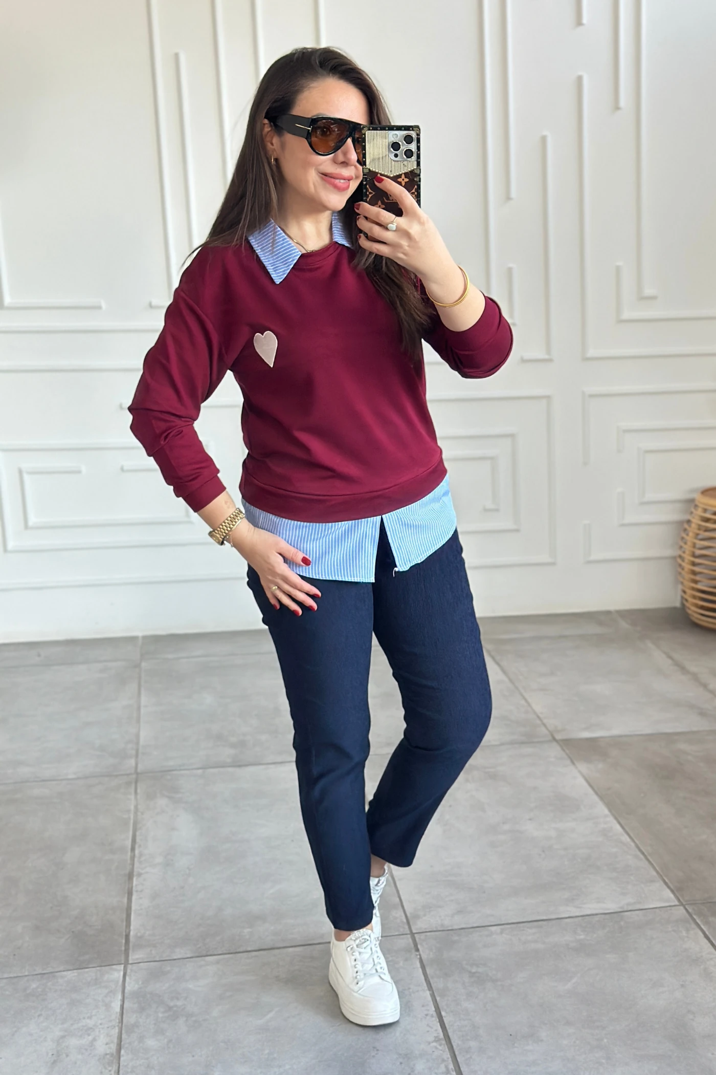 Polo Yaka Çizgili Gömlek Detaylı Kalp Nakışlı Sweat