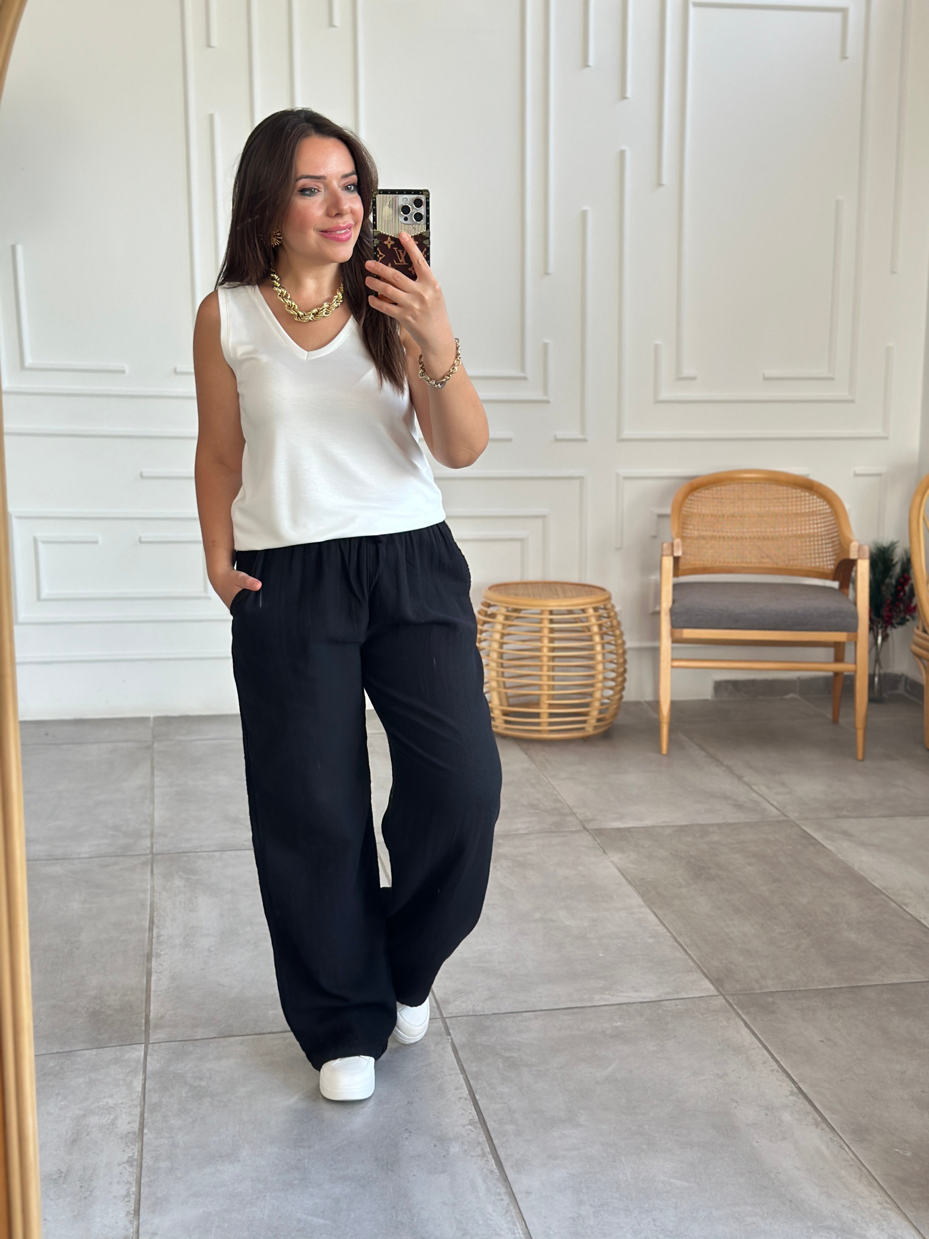 Beli Lastikli Bol Paça Müslin Pantolon - SIYAH
