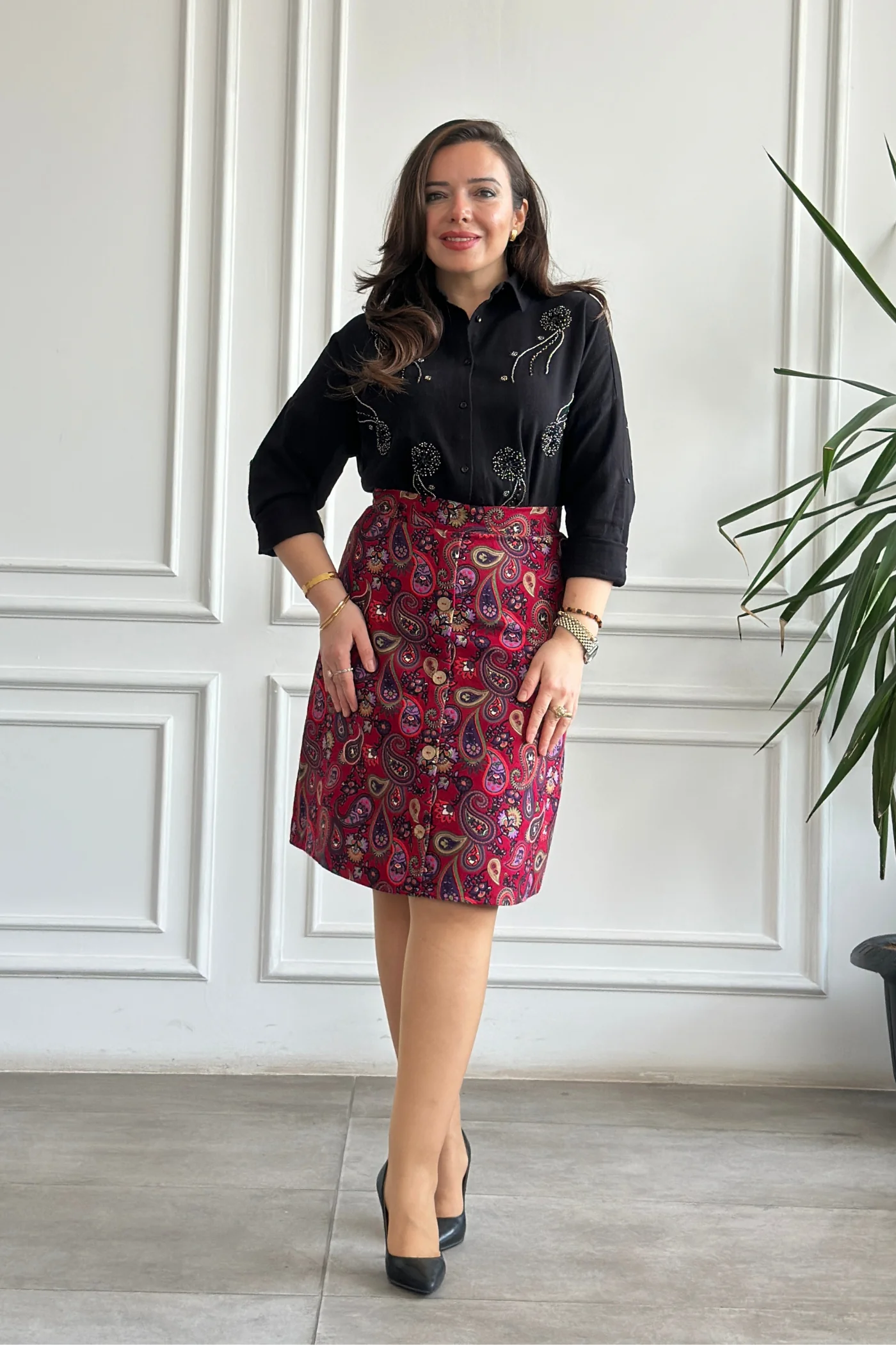 Önü Süs Düğme Detaylı Pazen Çan Etek - FUSYA MOR