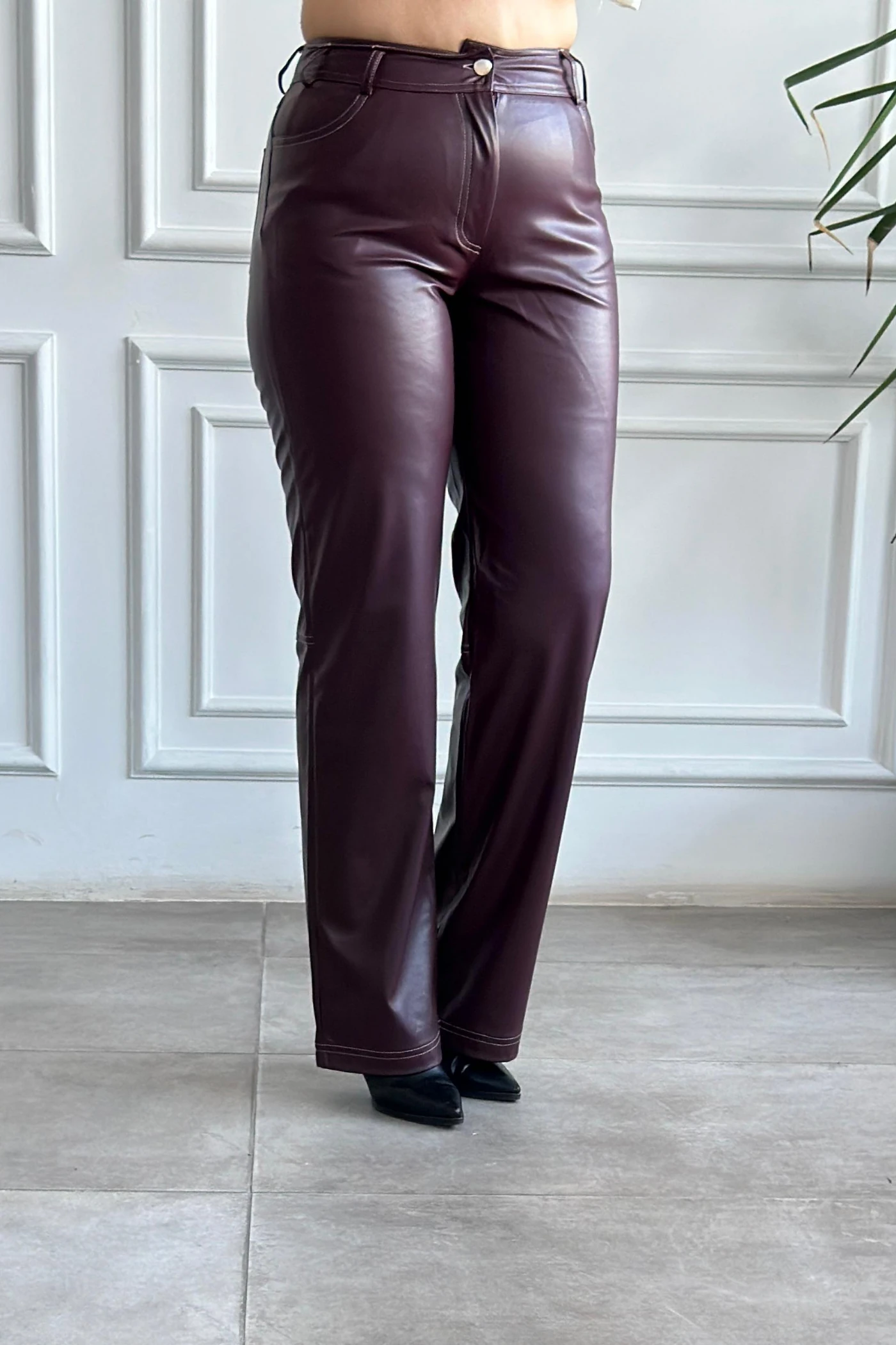 Sıvama Şardonlu Deri Pantolon - BORDO