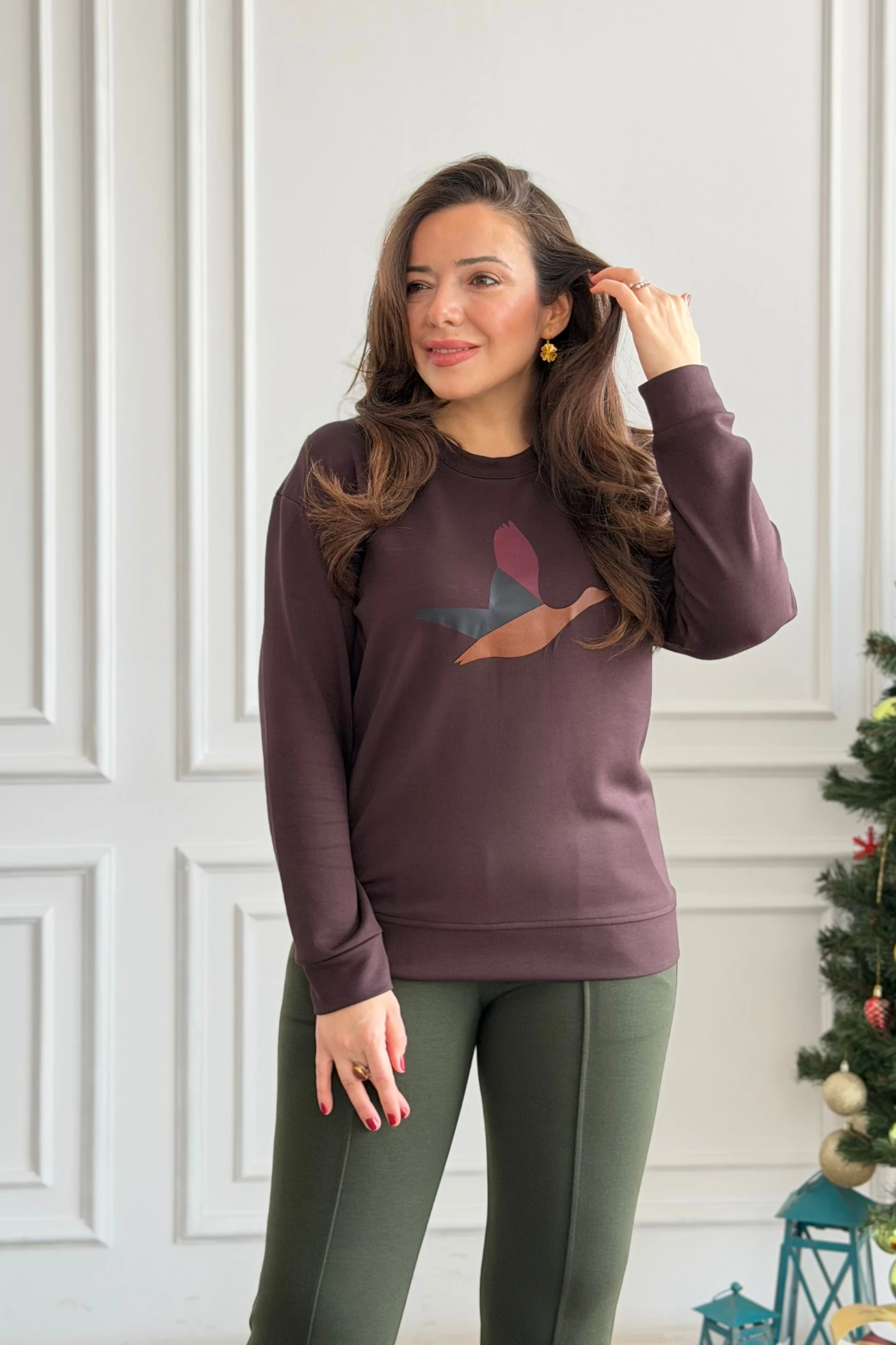 Önü Kuş Baskılı Sweat  - KAHVERENGI