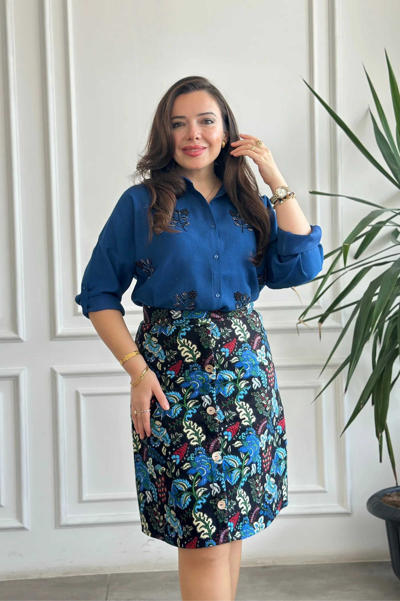 Önü Süs Düğme Detaylı Pazen Çan Etek - SIYAH MAVI