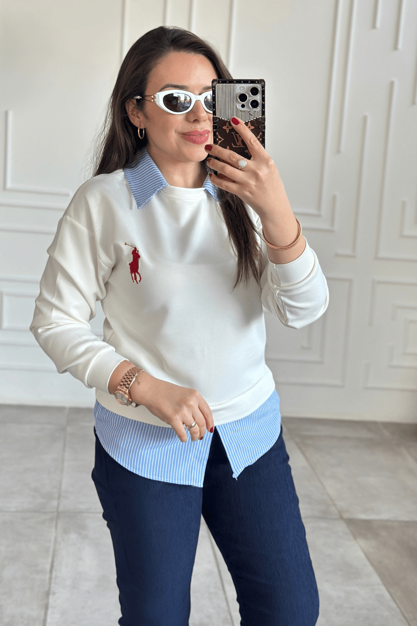 Polo Yaka Çizgili Gömlek Detaylı Sweat