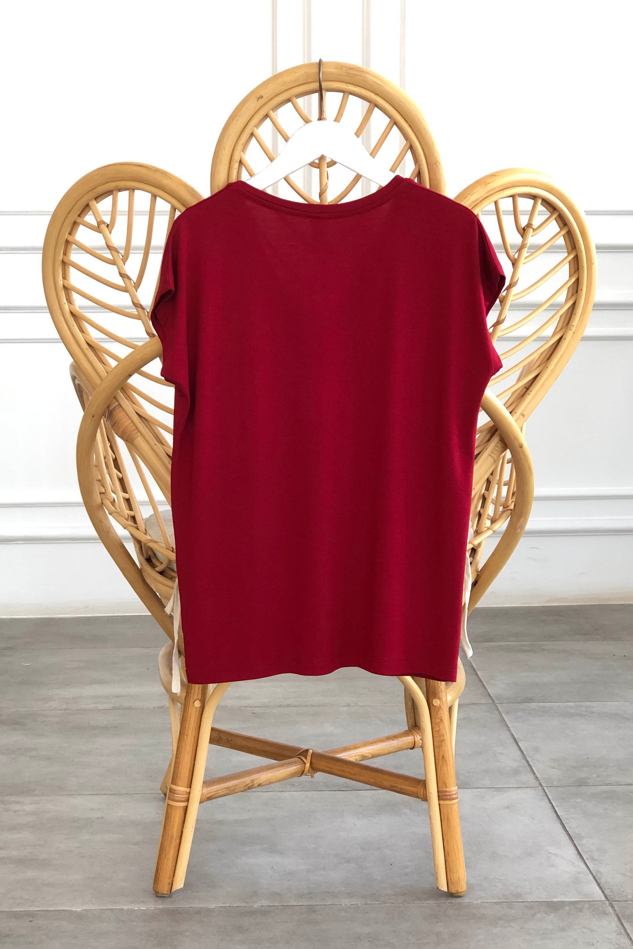 V Yaka Basic T-Shirt - BORDO