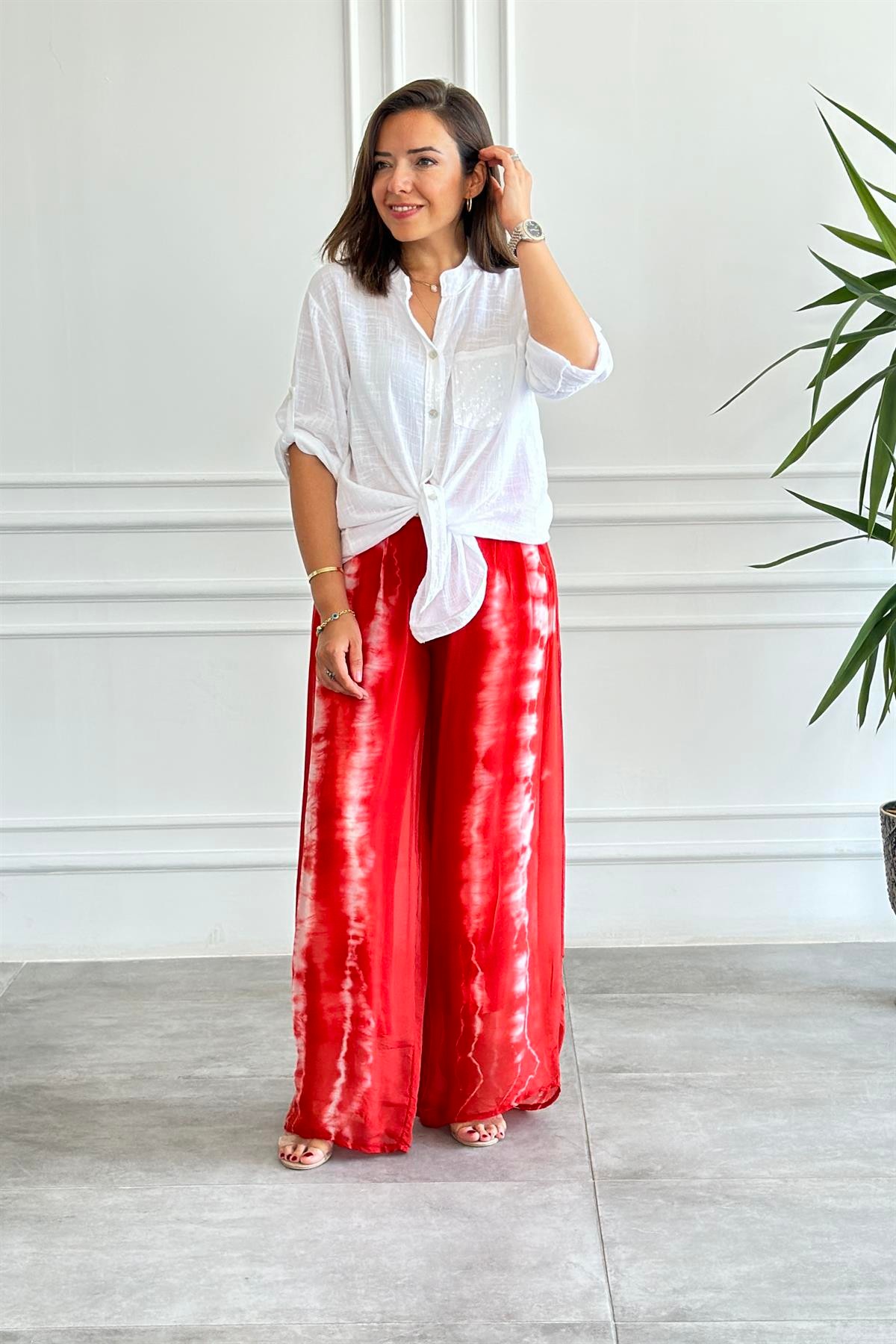 Batik Desenli İpek Bol Paça Pantolon
