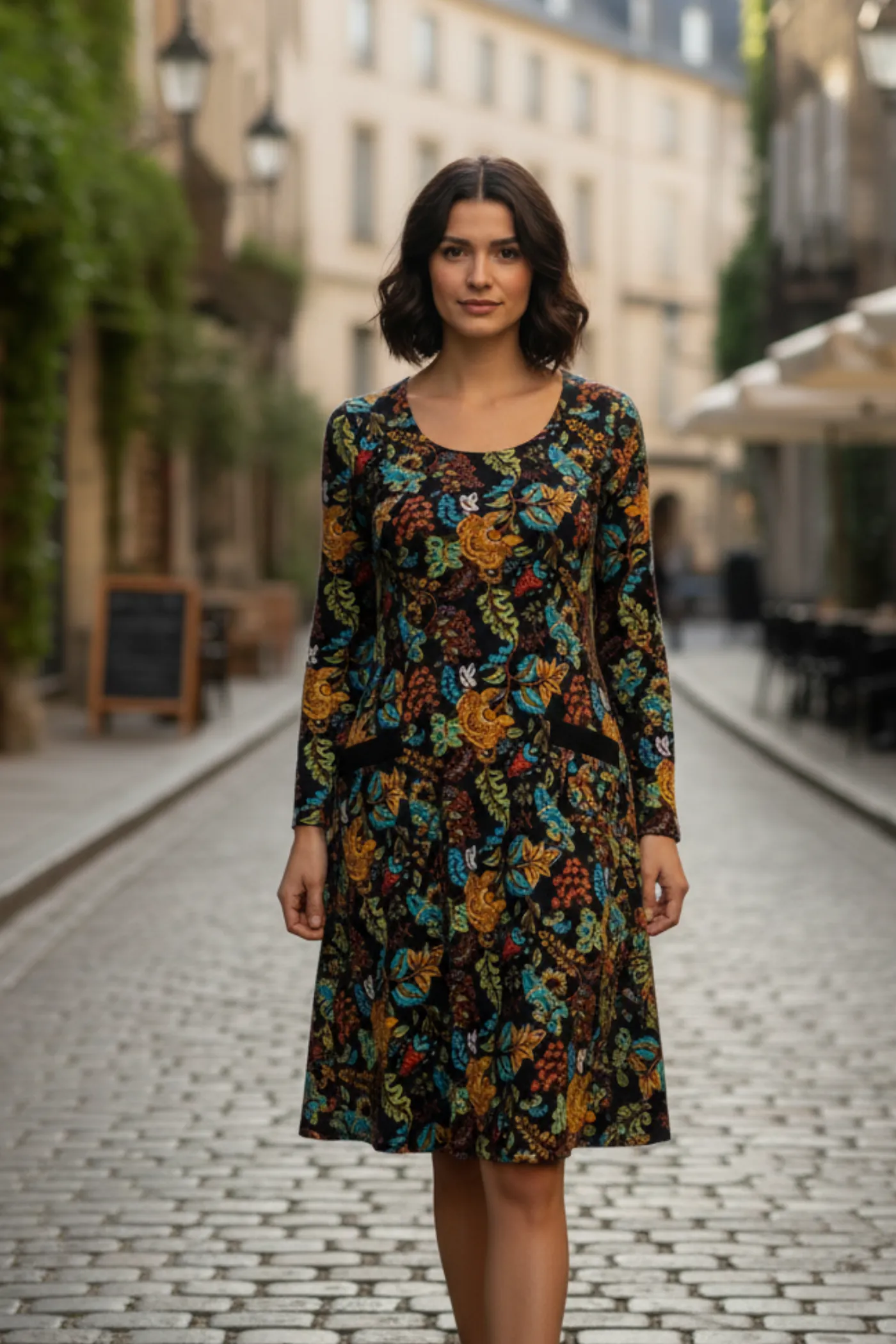 Oval Yaka Yanları Cep Detaylı Pazen Çan Elbise - HARDAL