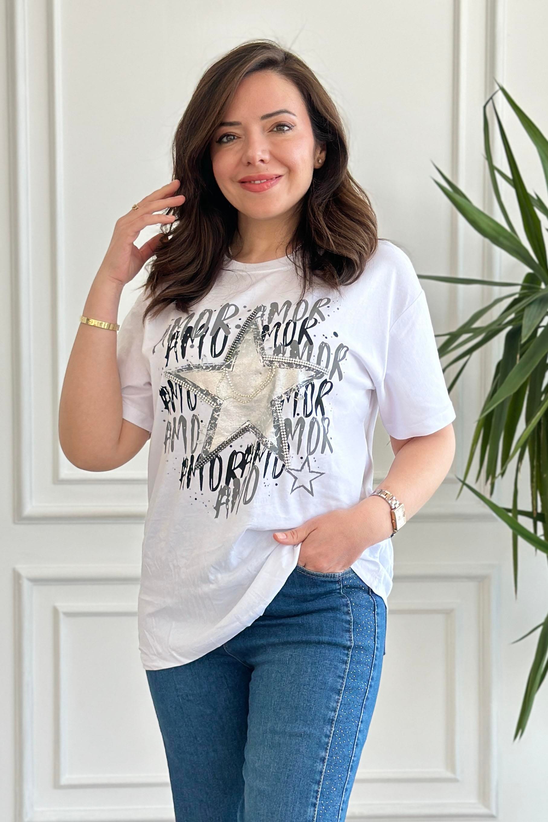 Bisiklet Yaka Yıldız Baskılı Taş İşlemeli T-Shirt