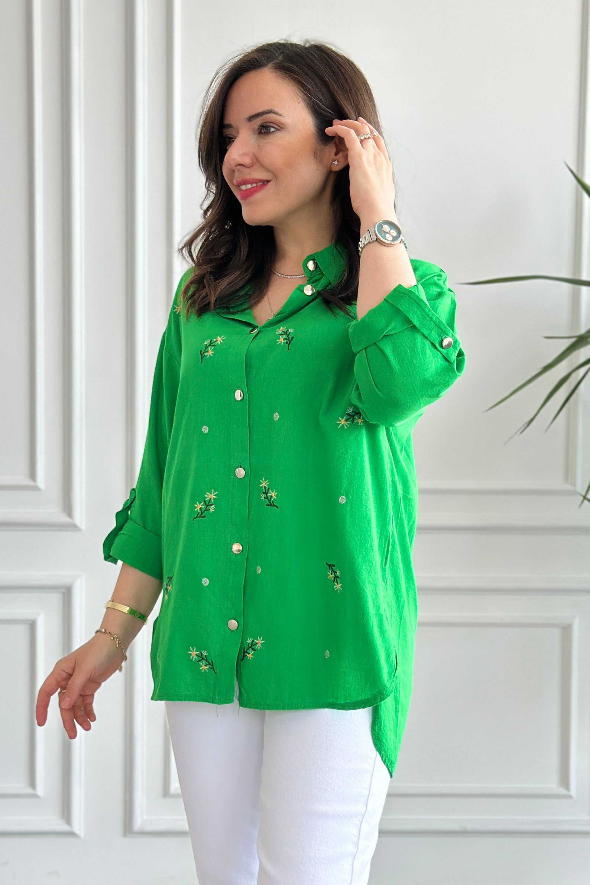 Papatya Nakış İşlemeli Gömlek - Yeşil