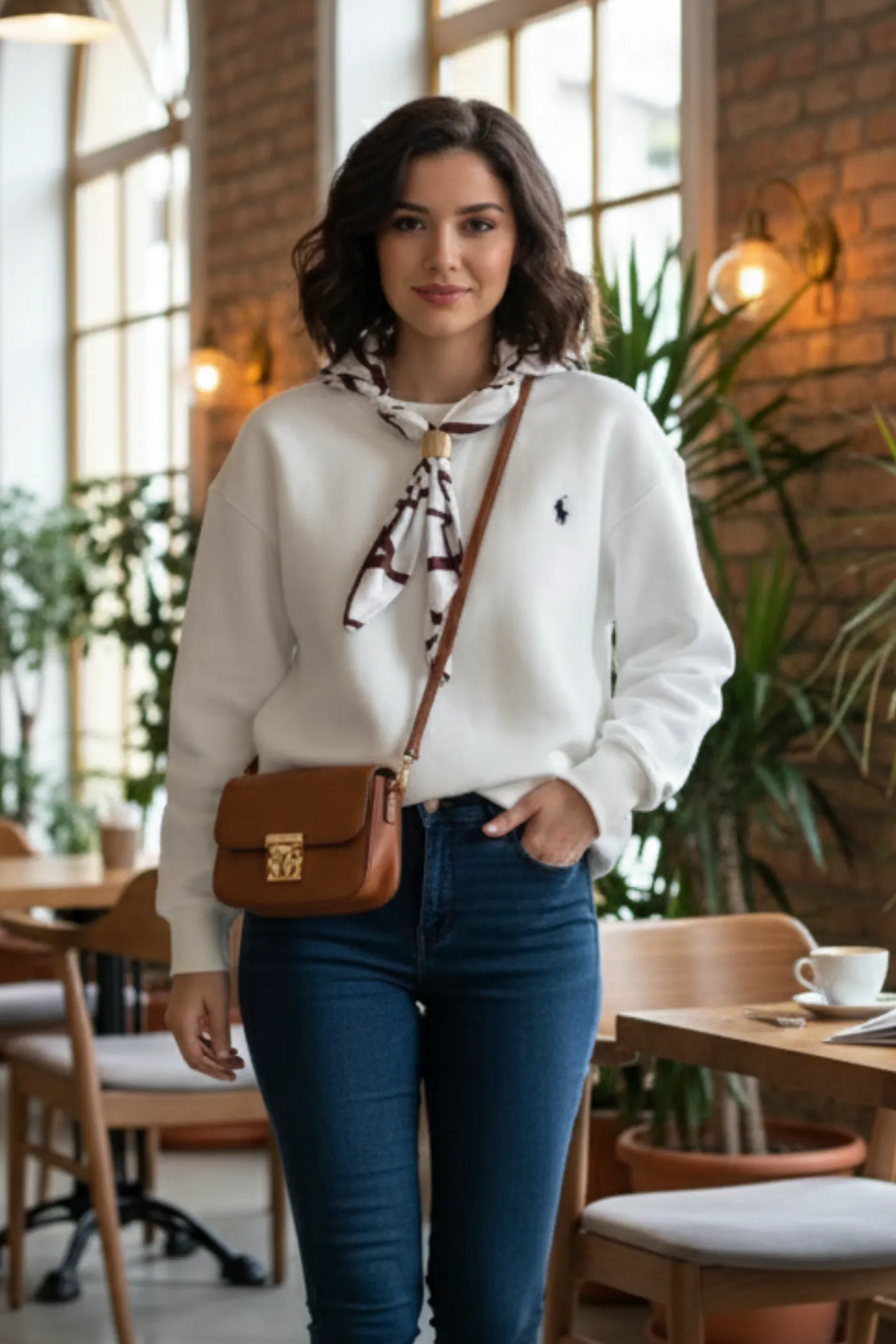 Yakası Fular Detaylı Sweat - BEYAZ