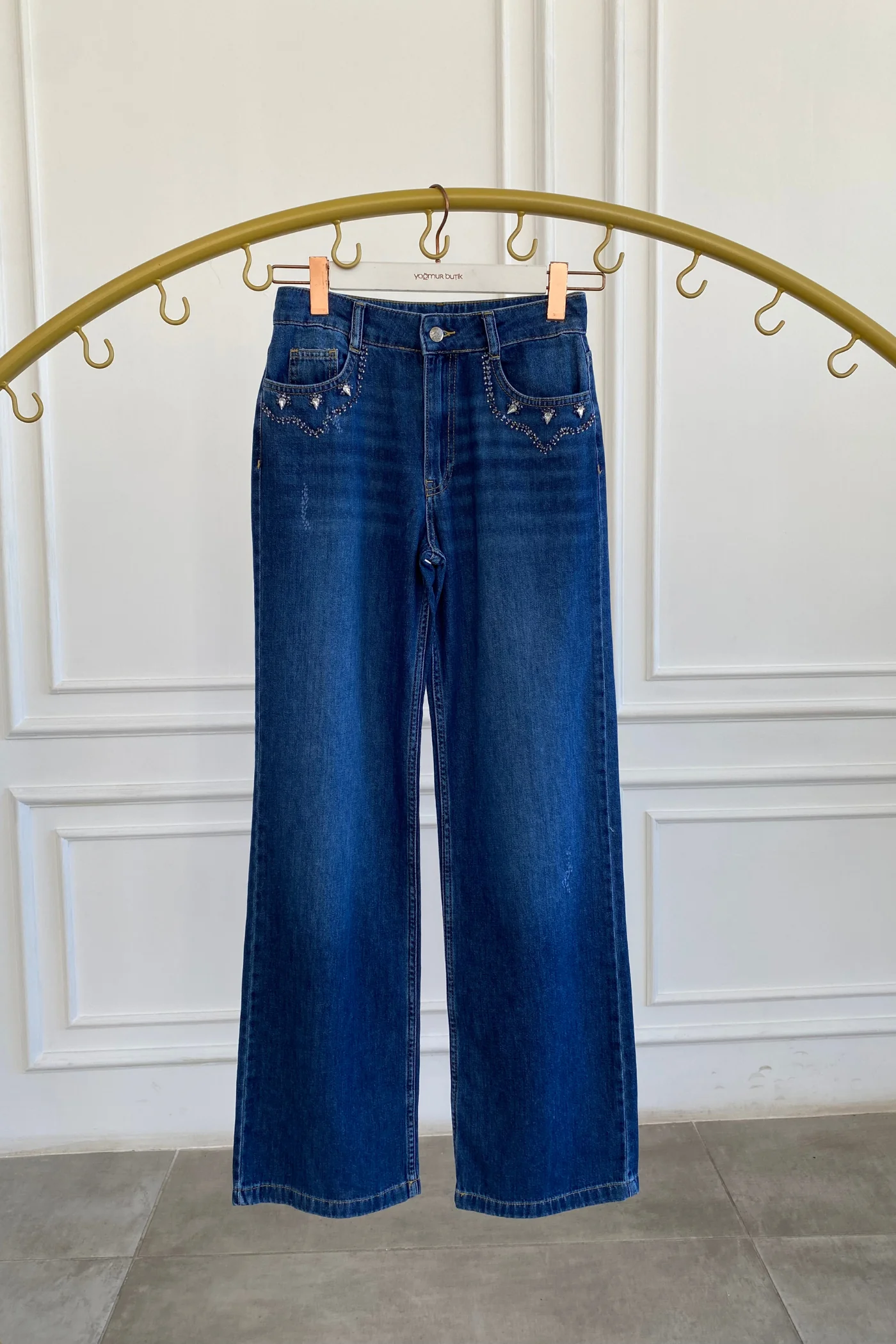 Cebi Taş Detaylı Palazzo Kot Pantolon