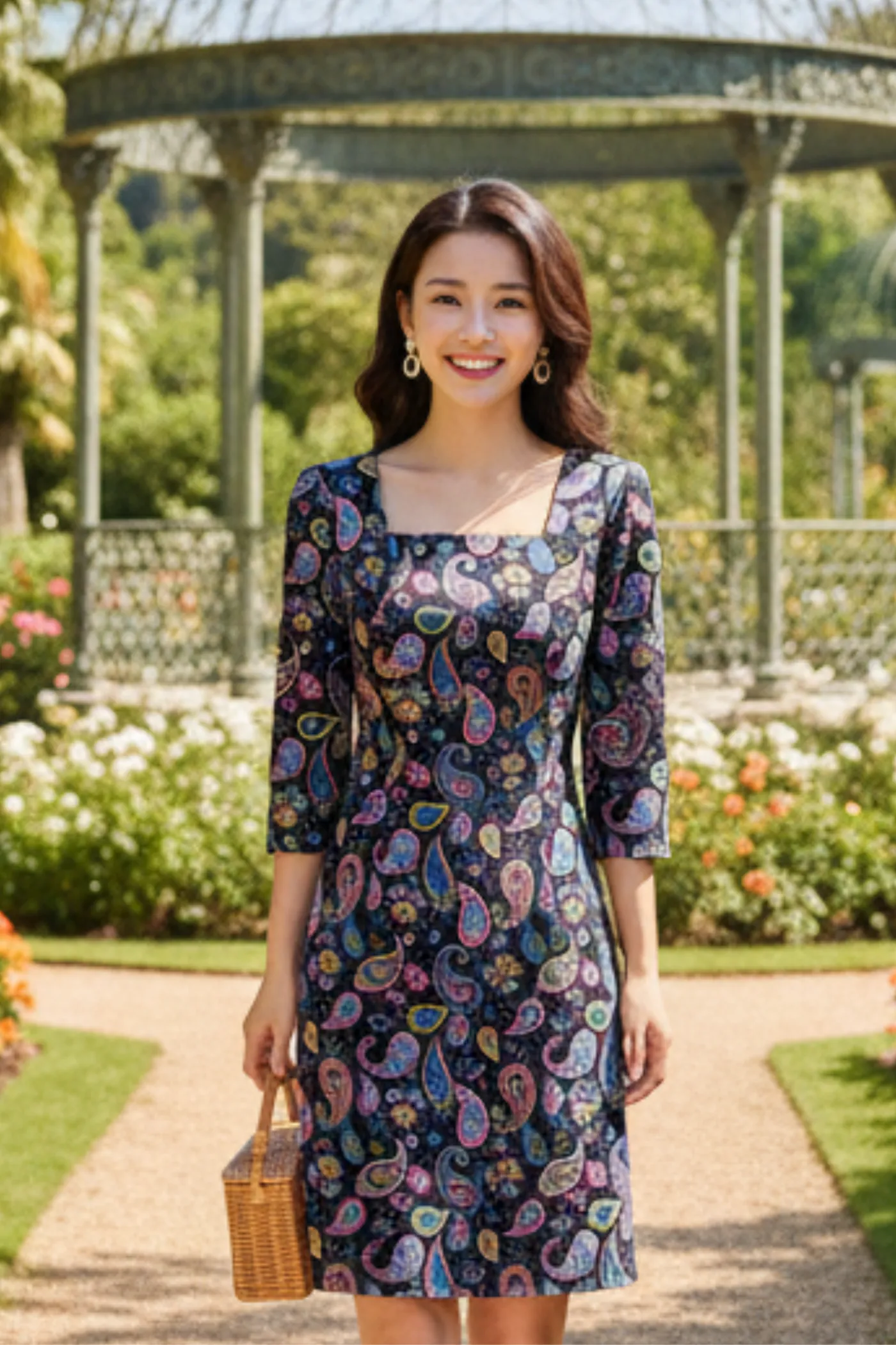 Kare Yaka Pazen Elbise - PEMBE MAVI