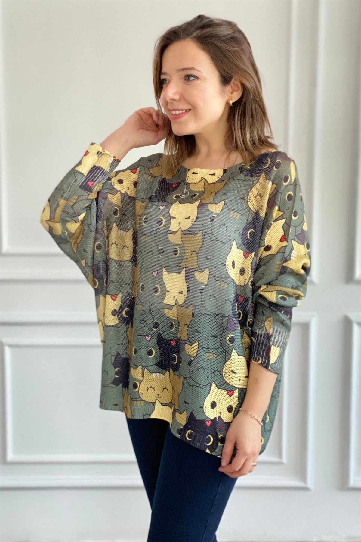 Kedi Desenli Merserize Triko