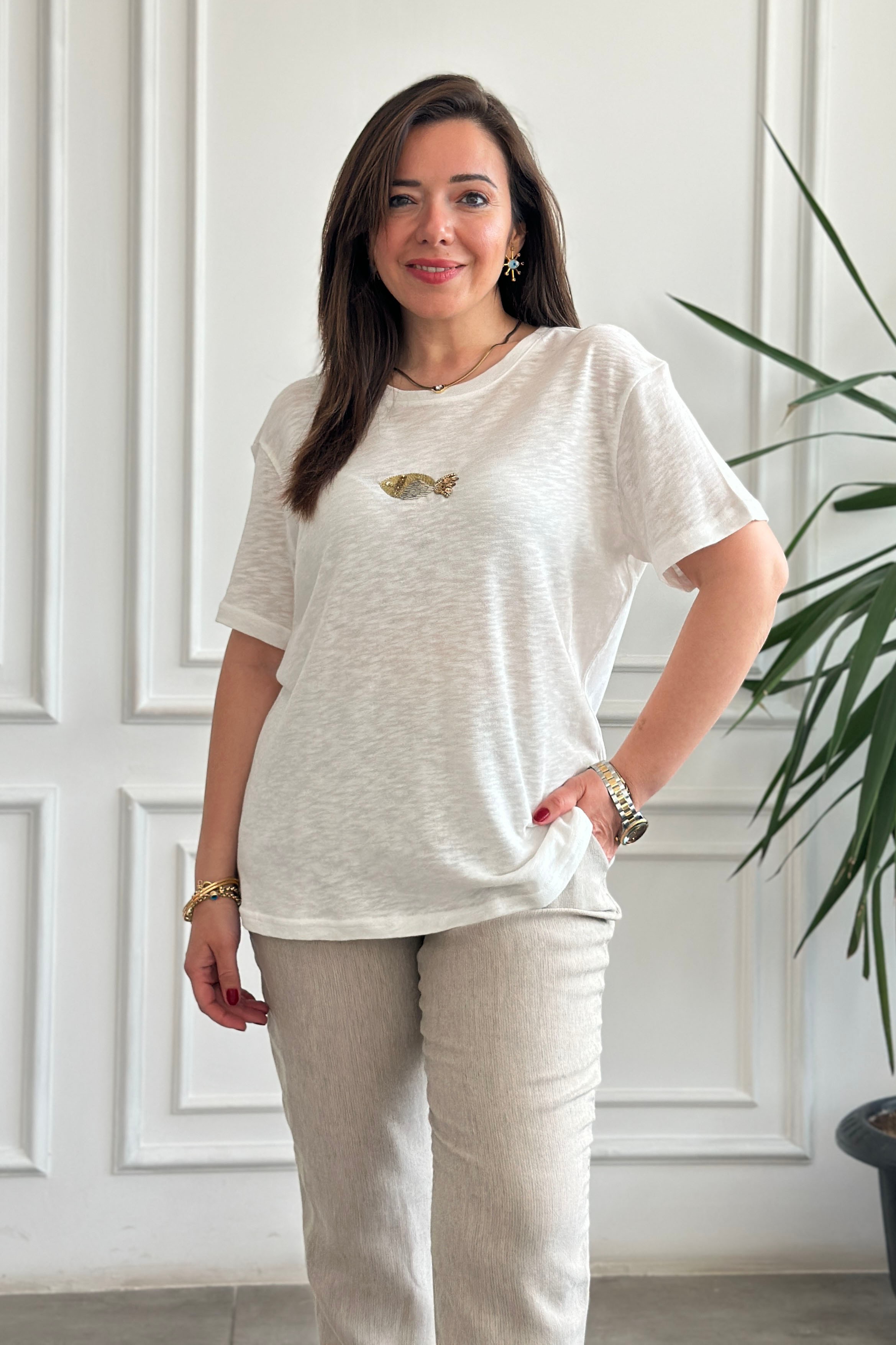 Önü Balık İşlemeli Merserize T-Shirt