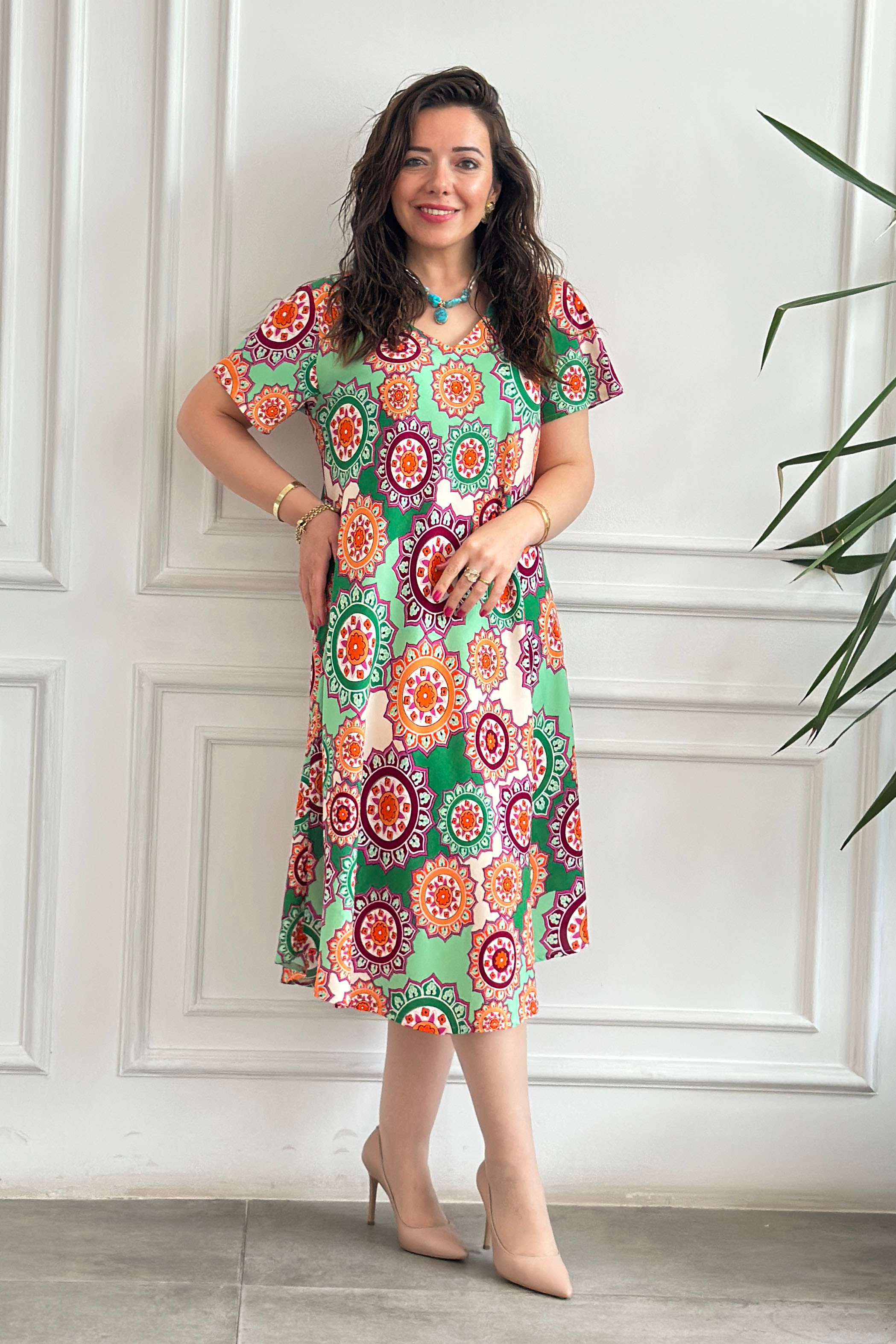 Sihirli V Yaka Viscon Elbise - YESIL MANDALA