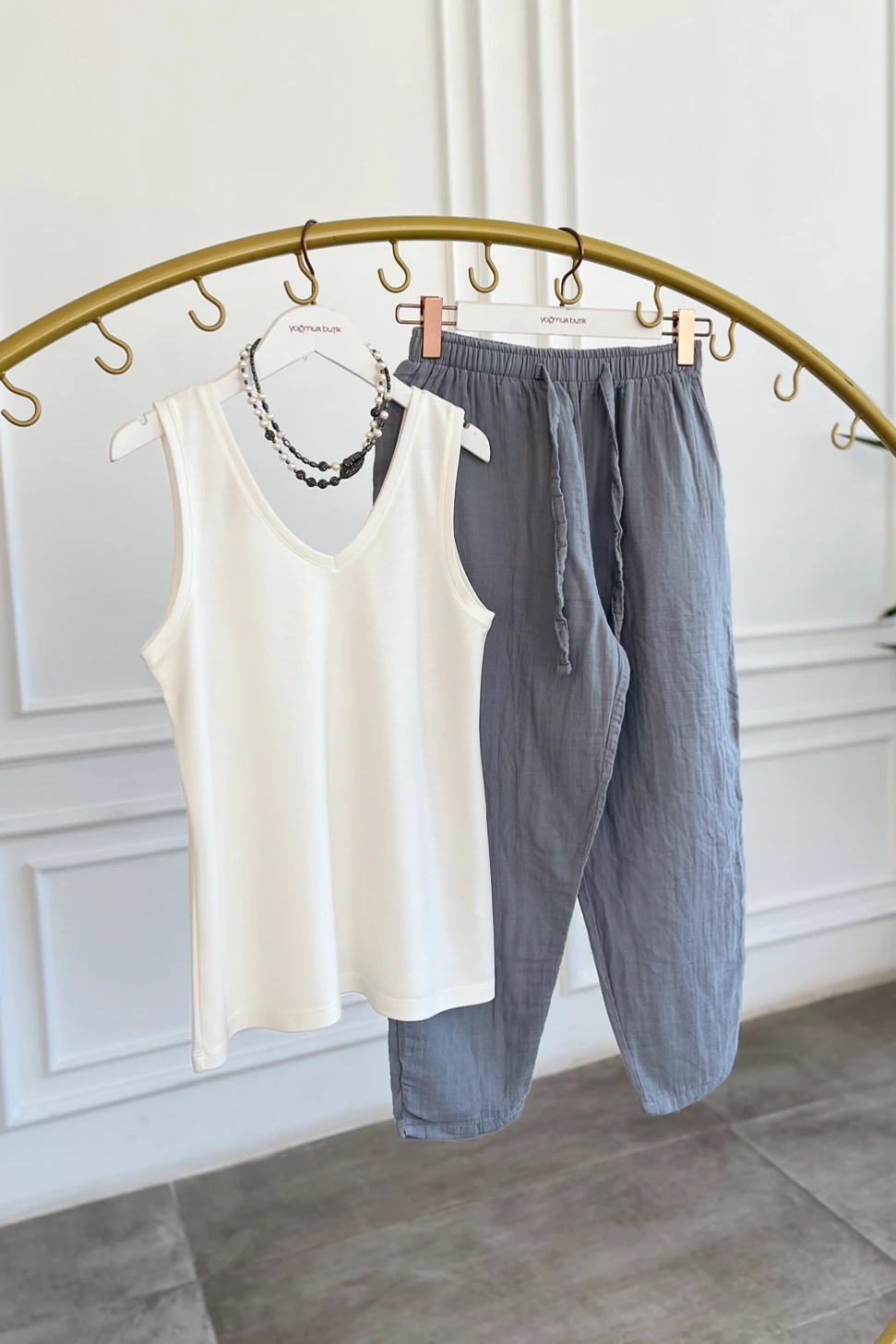 Havuç Paça Müslin Pantolon - Gri