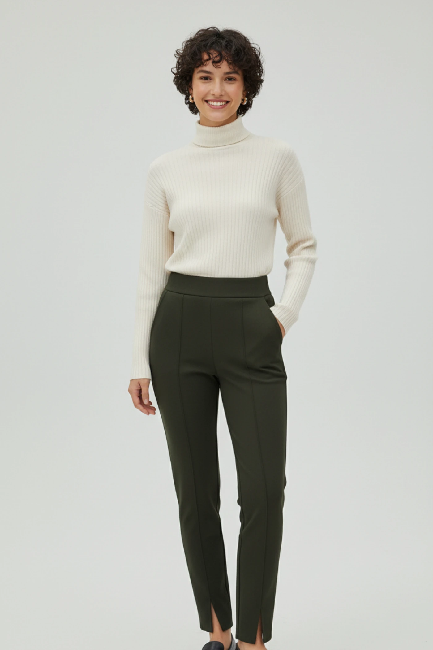 Yandan Cepli Paça Yırtmaç Detaylı Çelik Örme Tayt Pantolon - HAKI