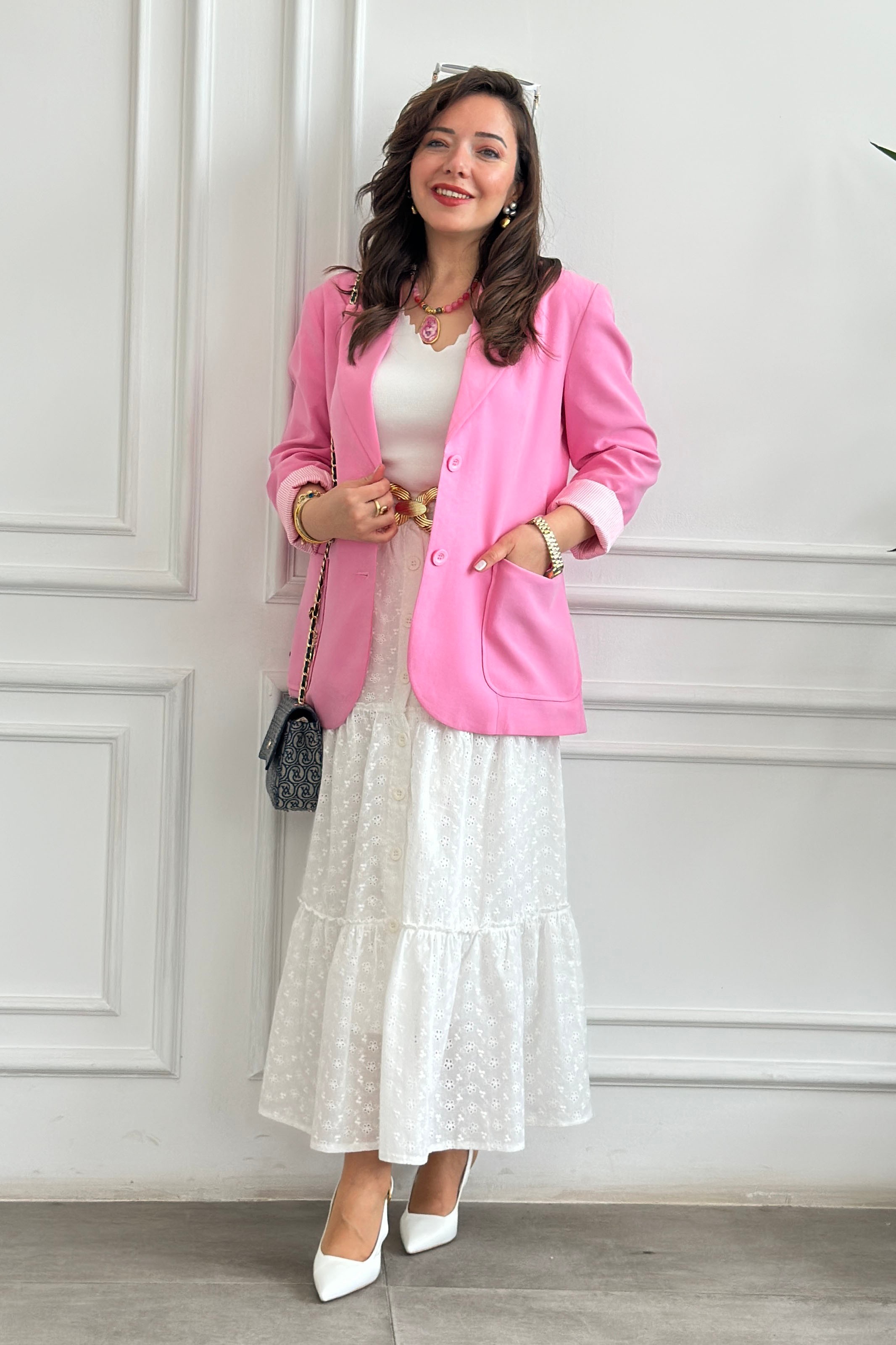Arkası Düğme Detaylı Kolları Çizgili Astarlı Blazer Ceket