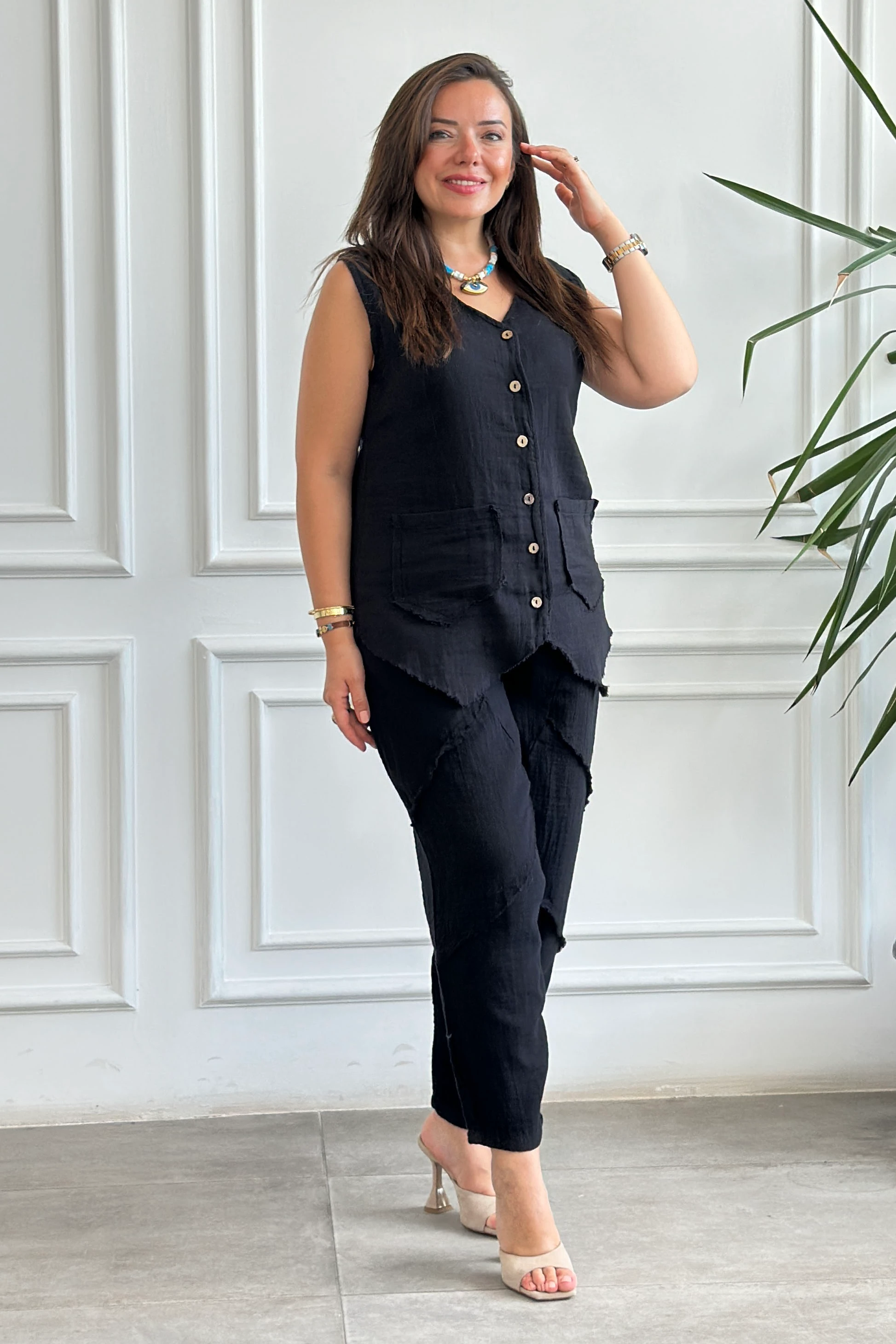 Önden Düğme Detaylı Cepken Yelek - SIYAH