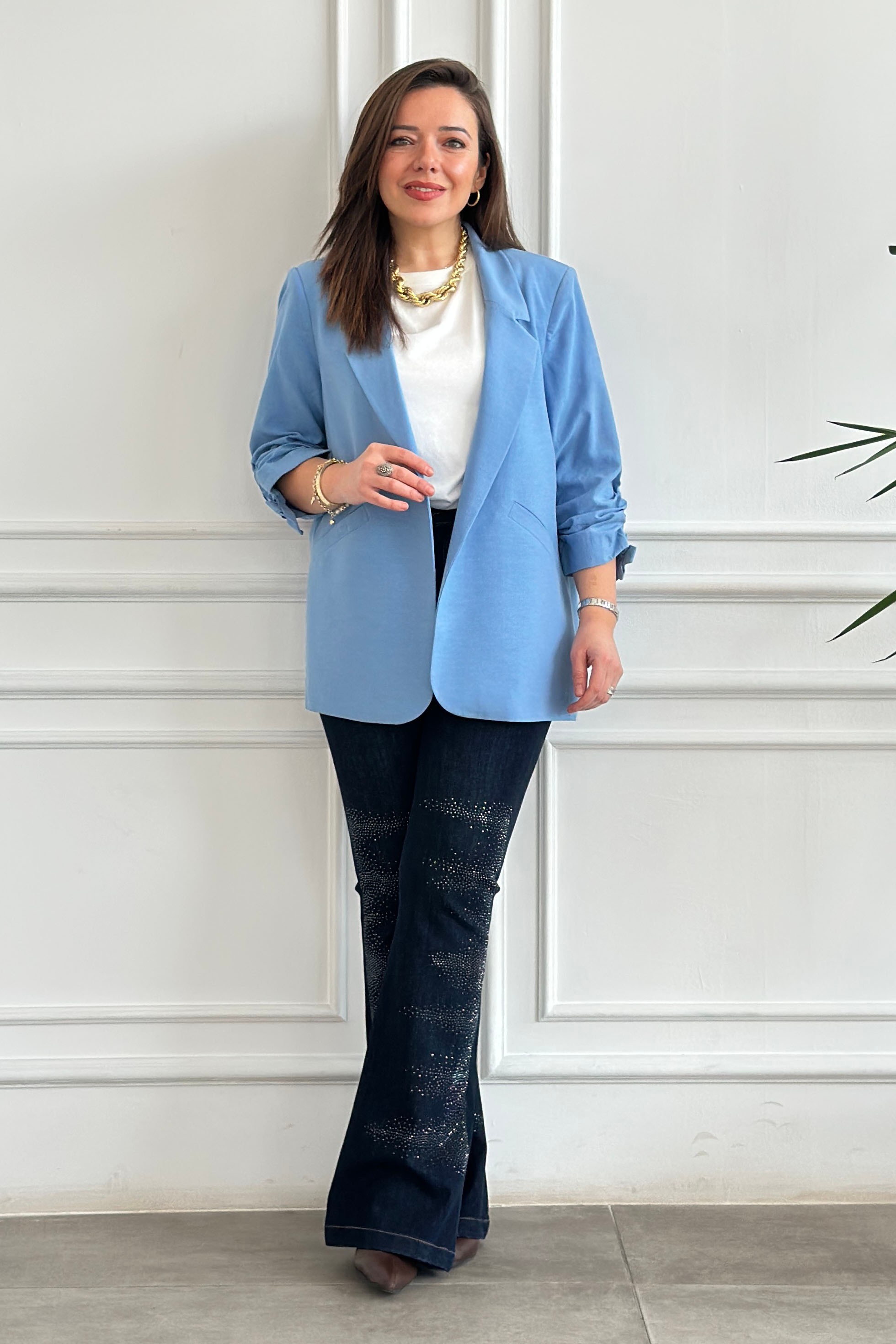 Kolları Büzgülü Blazer Ceket - MAVI