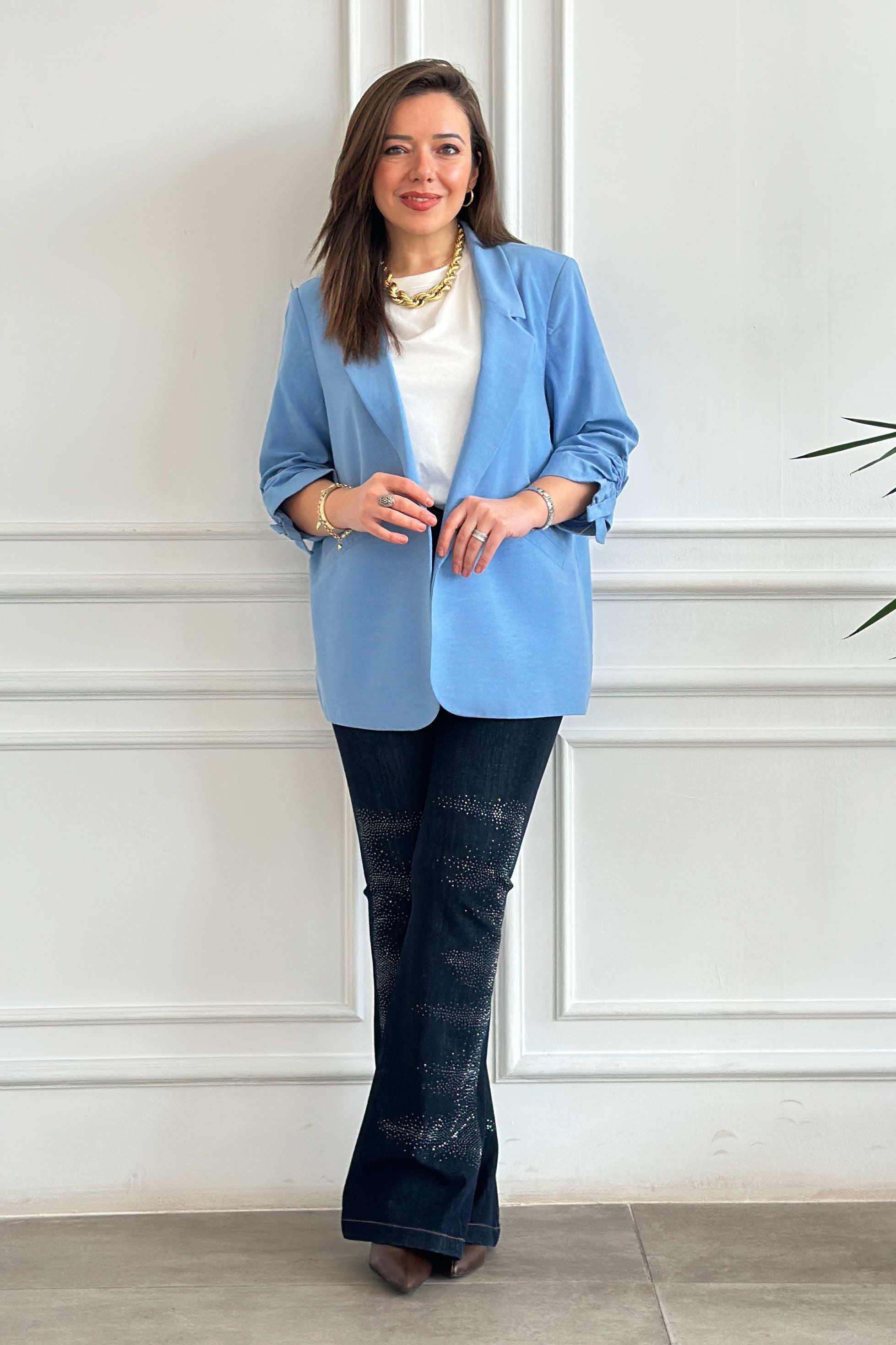 Kolları Büzgülü Blazer Ceket - MAVI
