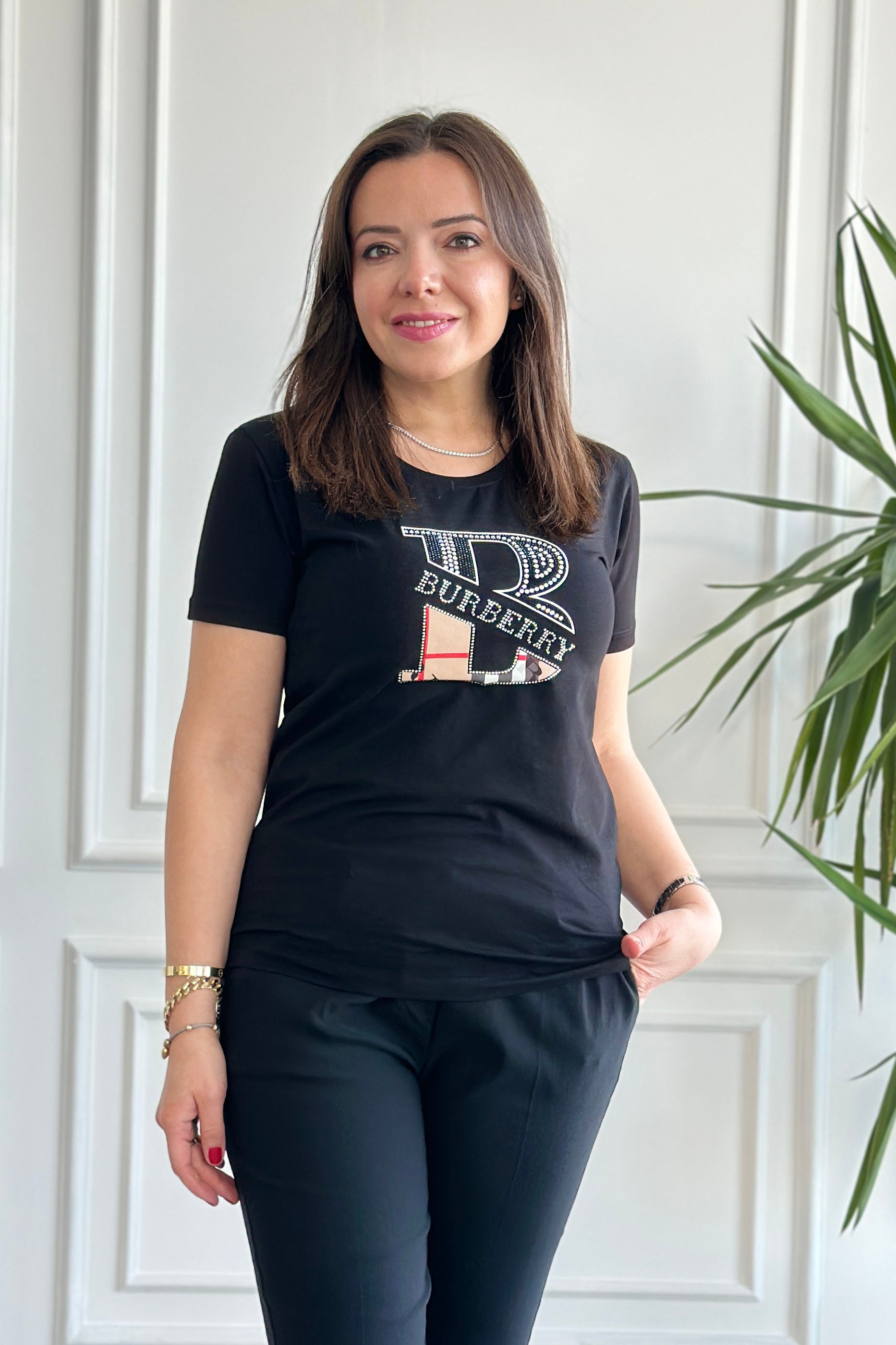 Bisiklet Yaka Yazı Ve Taş Detaylı T-Shirt