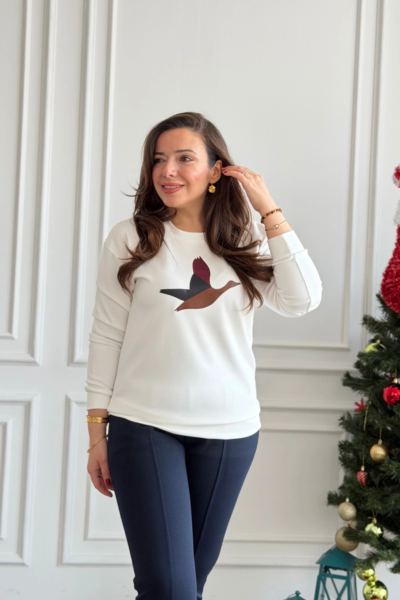 Önü Kuş Baskılı Sweat  - EKRU