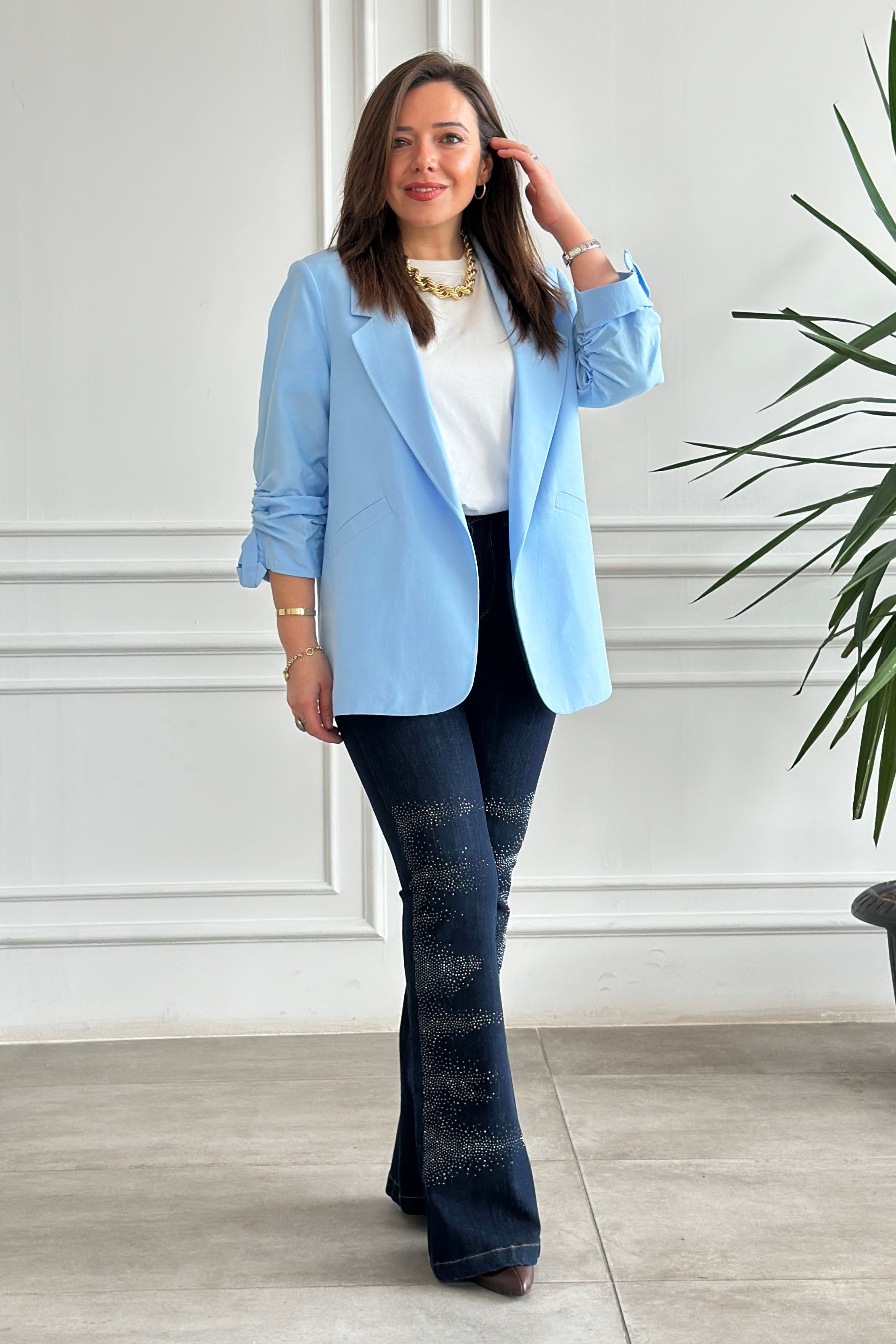 Kolları Büzgülü Blazer Ceket - BUZ MAVI