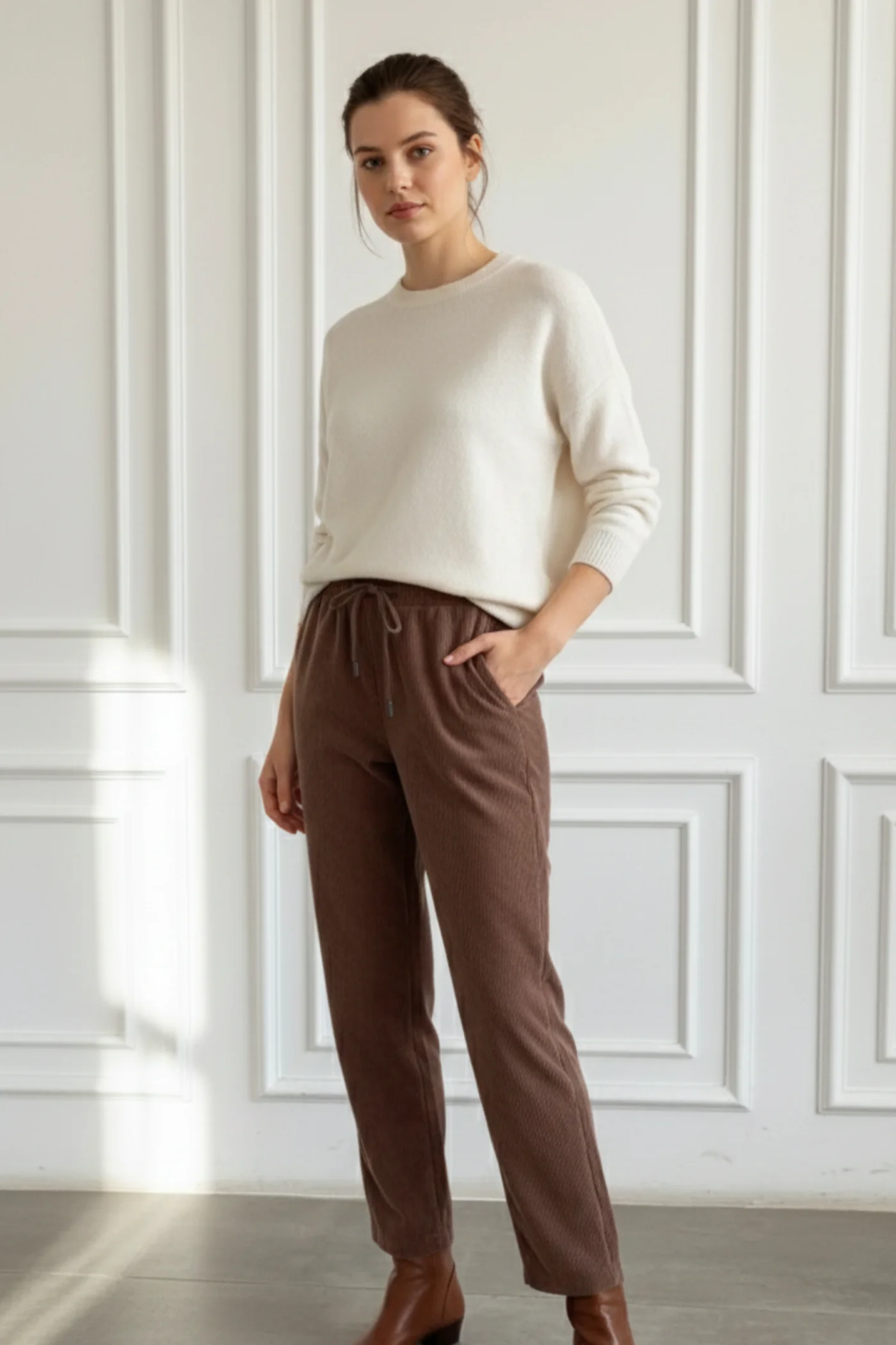 Beli Lastikli Kadife Dar paça Pantolon - TABA