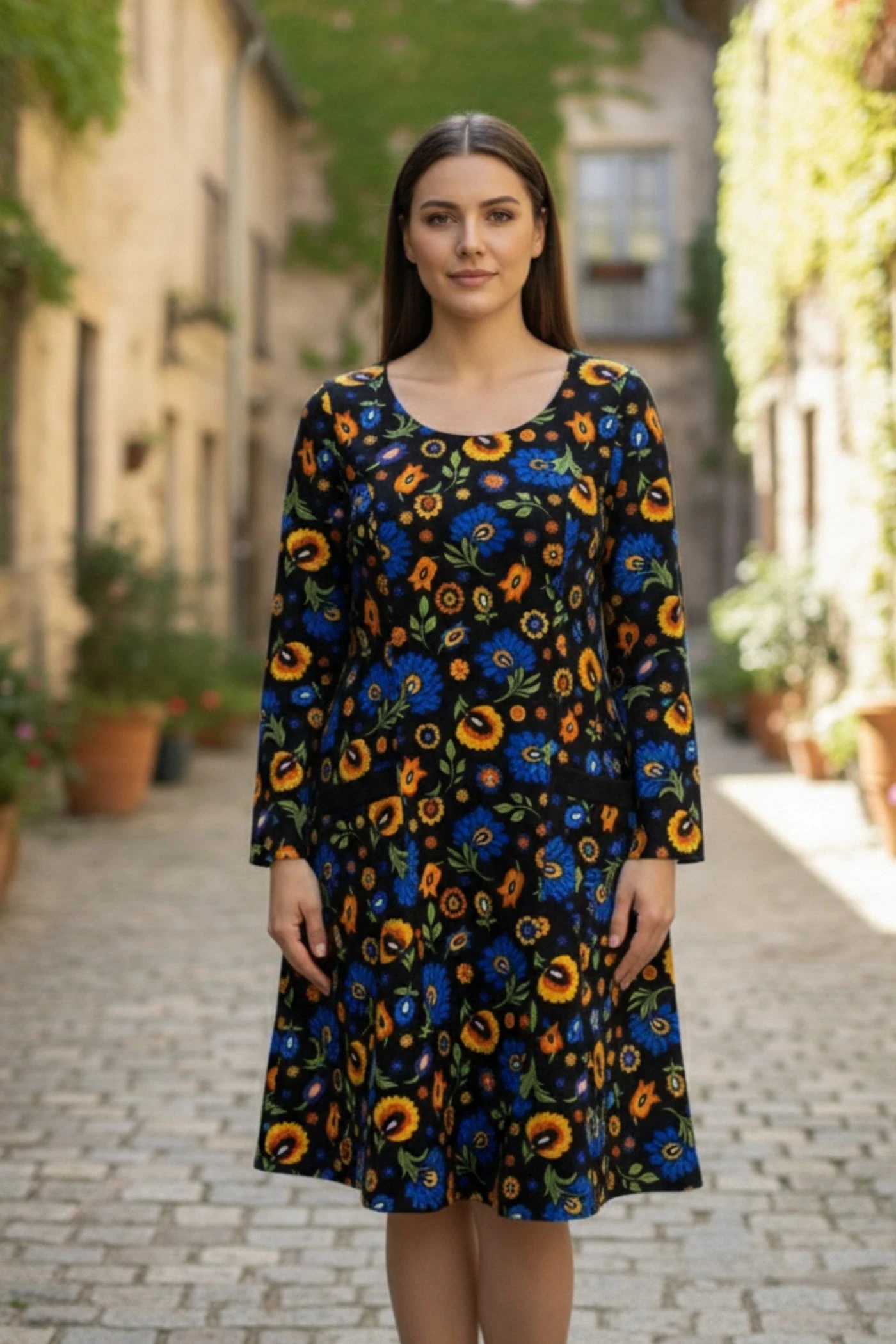 Oval Yaka Yanları Cep Detaylı Pazen Çan Elbise - SIYAH SARI