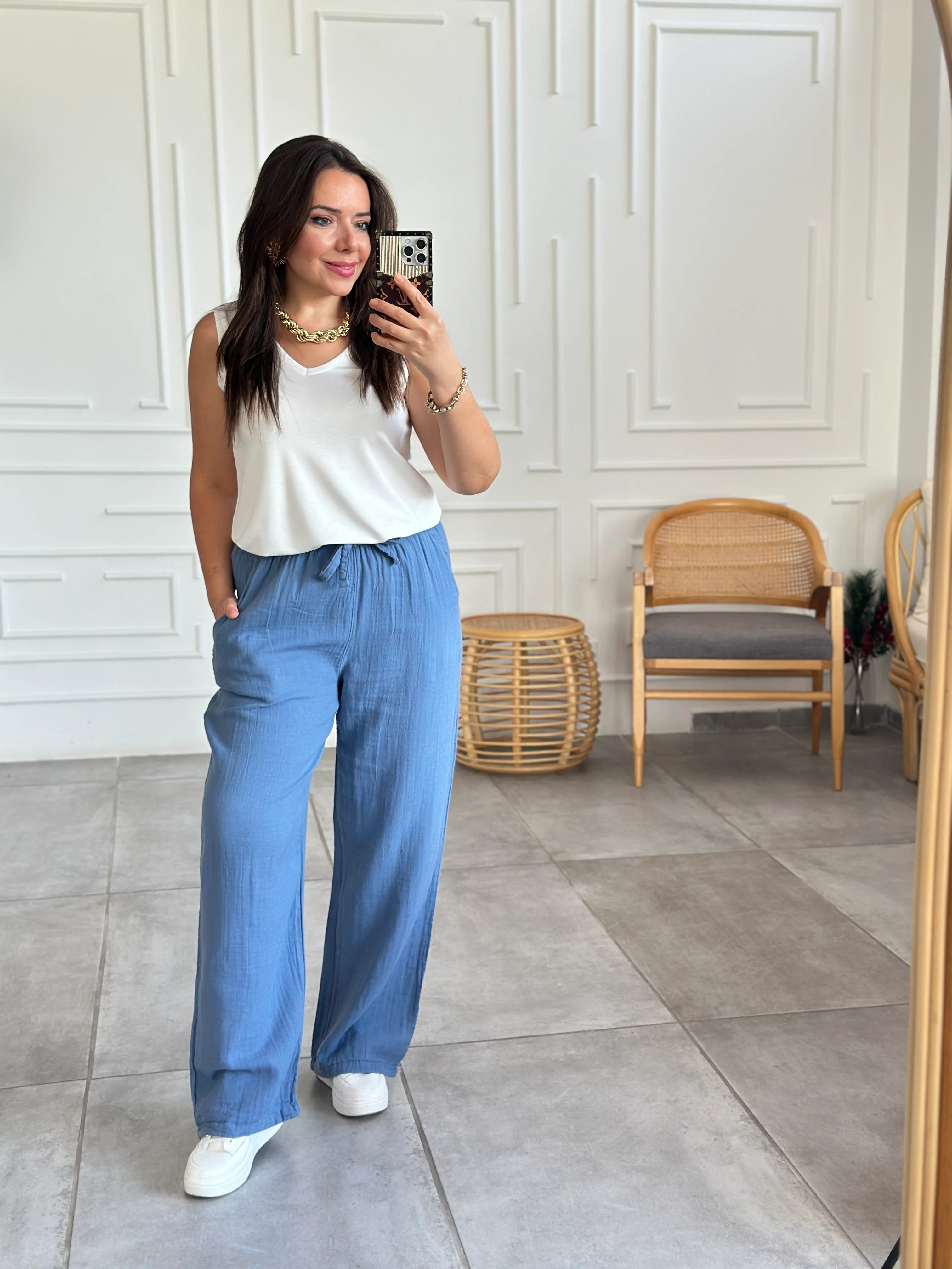 Beli Lastikli Bol Paça Müslin Pantolon - INDIGO