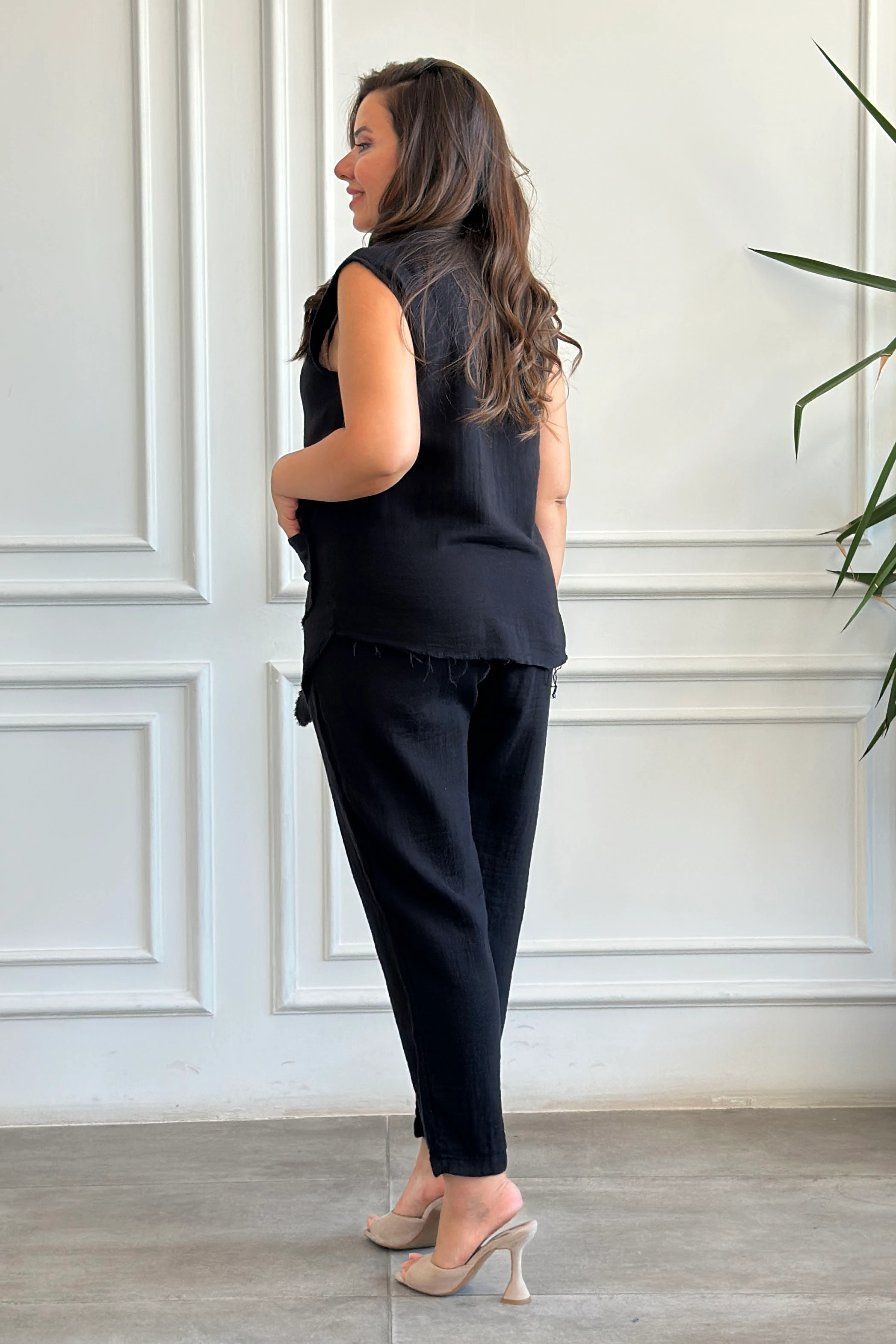 Havuç Paça Müslin Pantolon - SIYAH