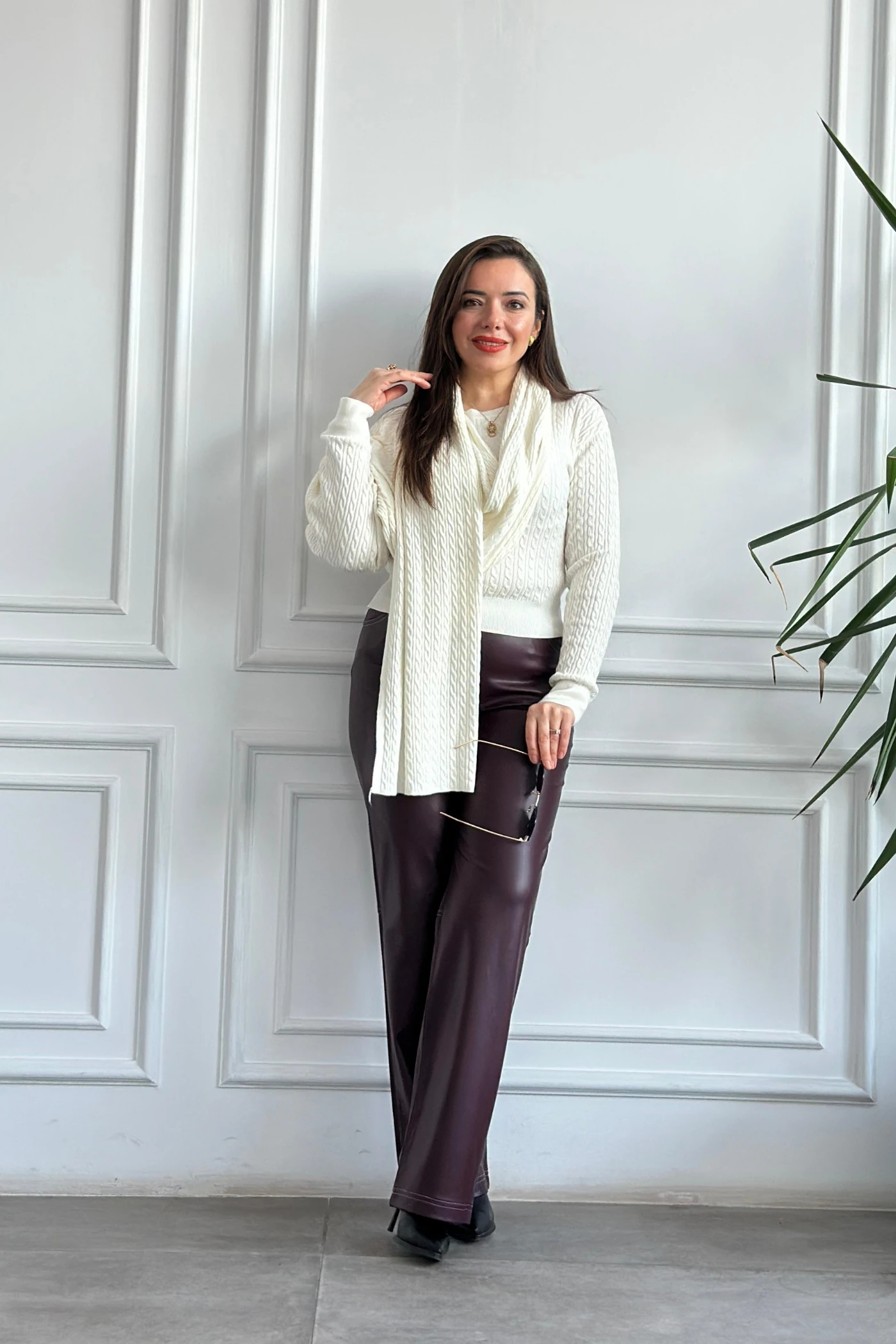 Sıvama Şardonlu Deri Pantolon - BORDO