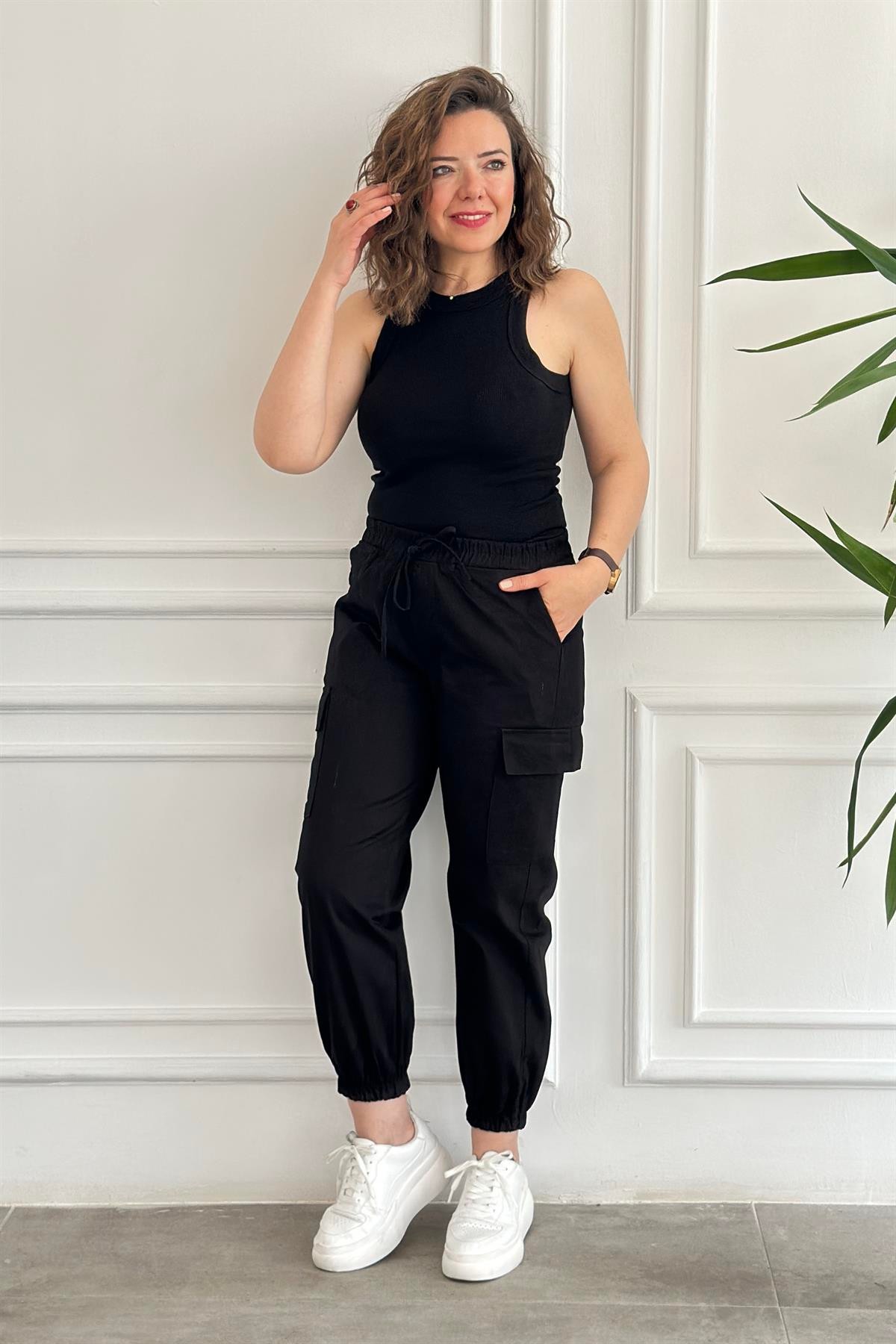 Paçası Lastikli Kargo Cep Gabardin Pantolon