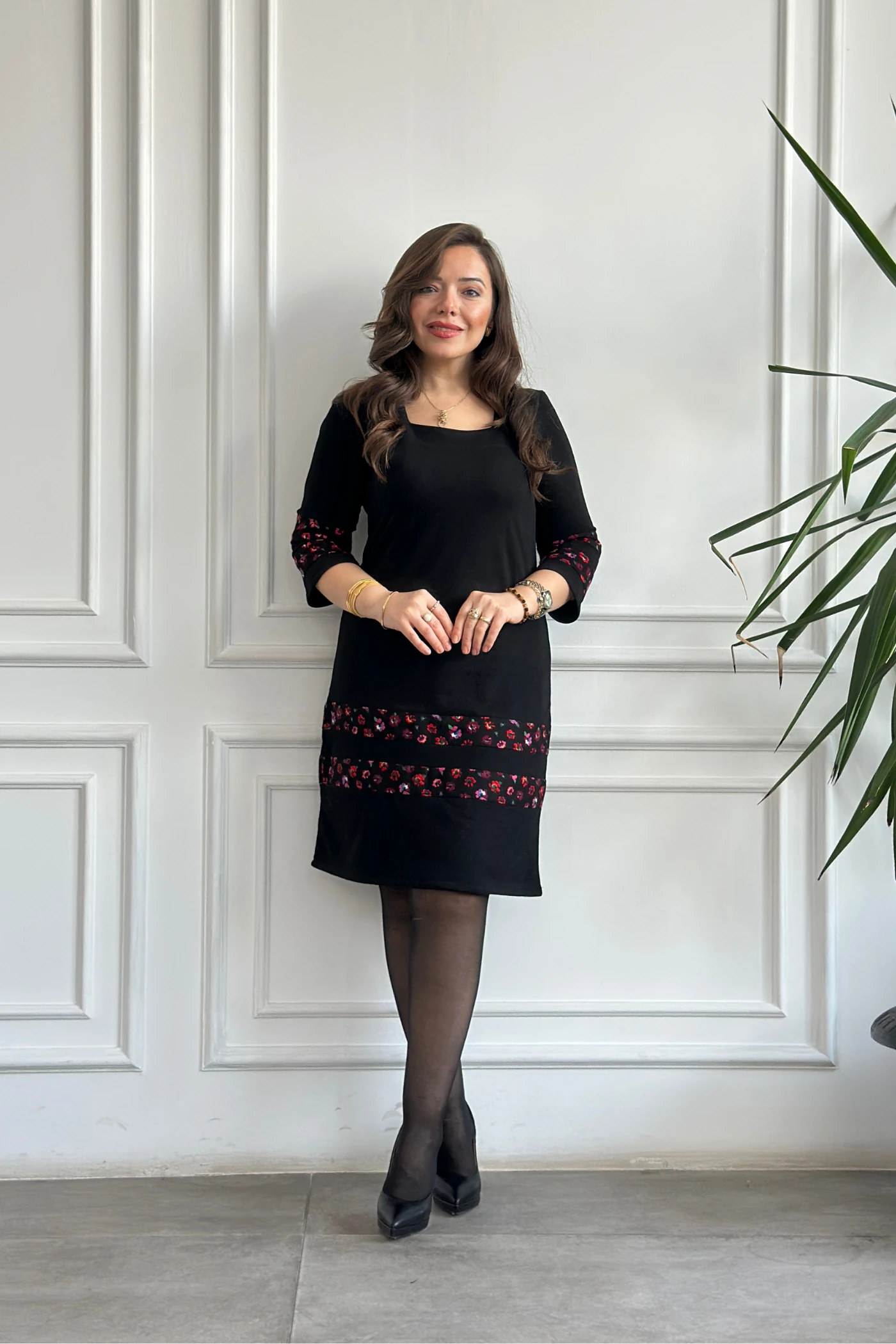 Etek Ve Kol Pazen Detaylı Pamuk Elbise - SIYAH FUSYA