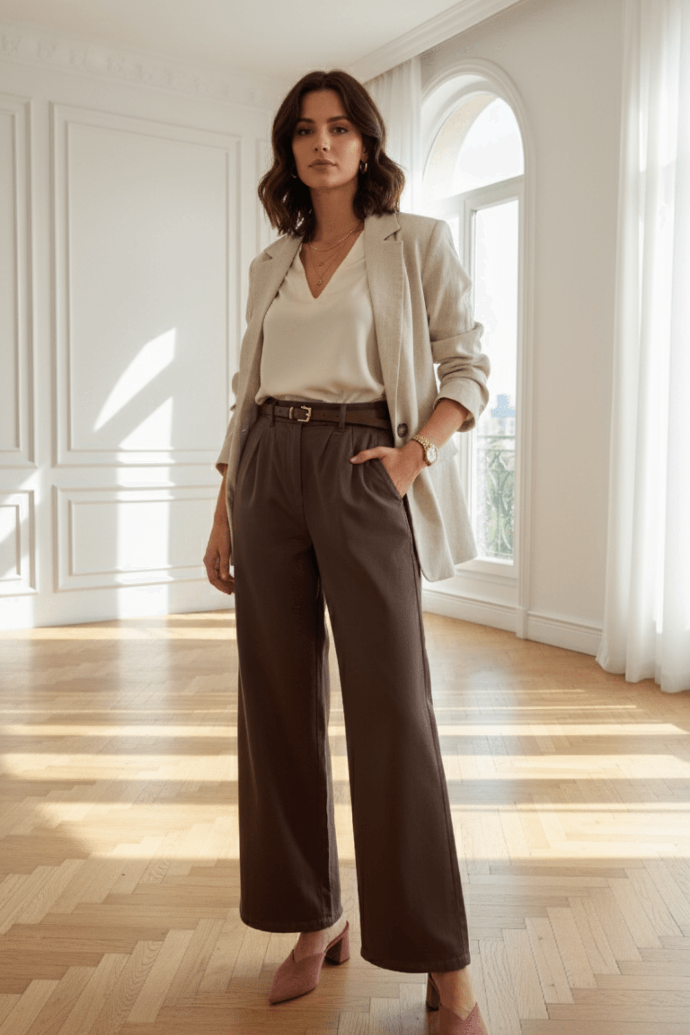 Beli Lastikli Kemerli Bol Paça Pantolon - KAHVERENGI