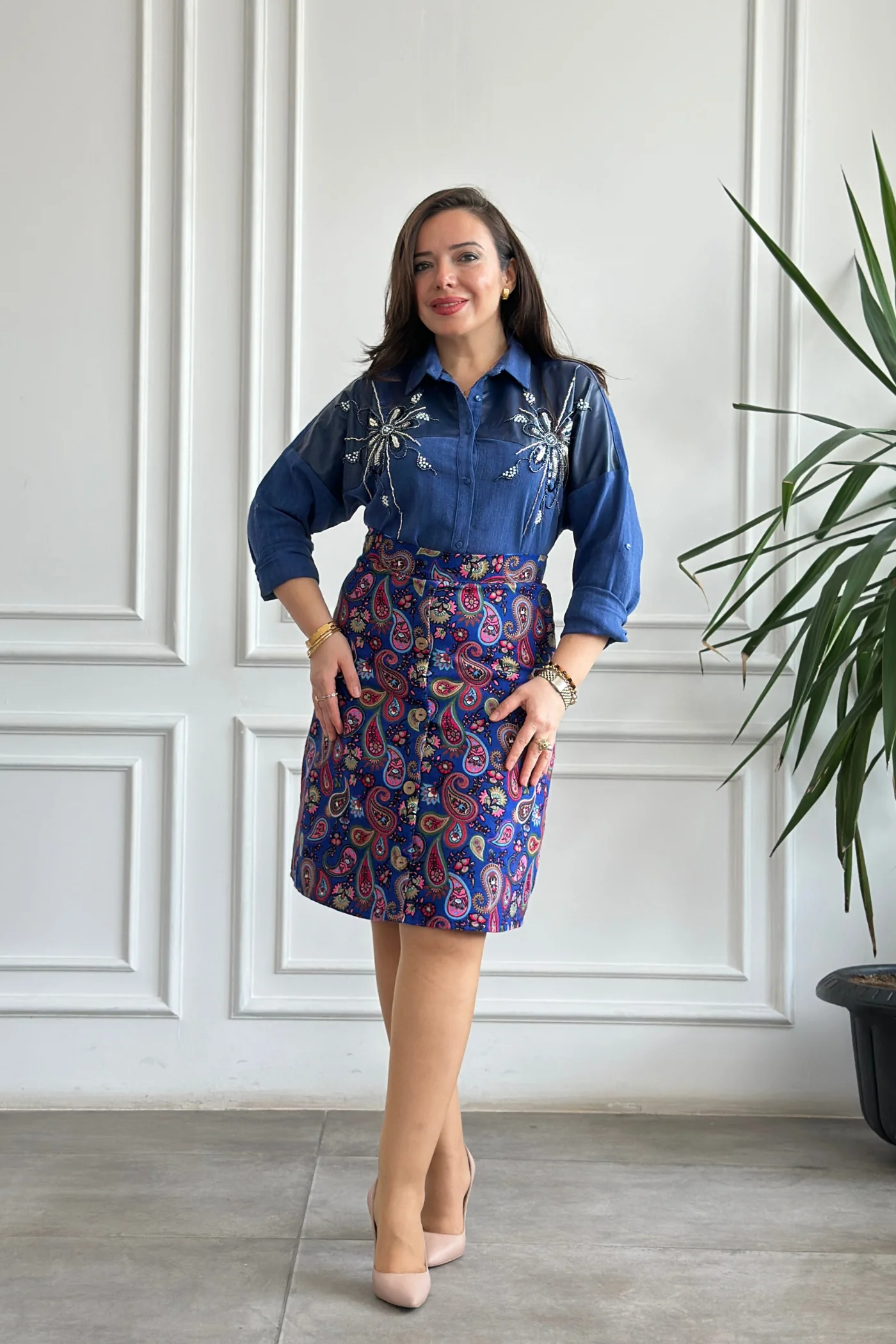 Önü Süs Düğme Detaylı Pazen Çan Etek - SAKS PEMBE