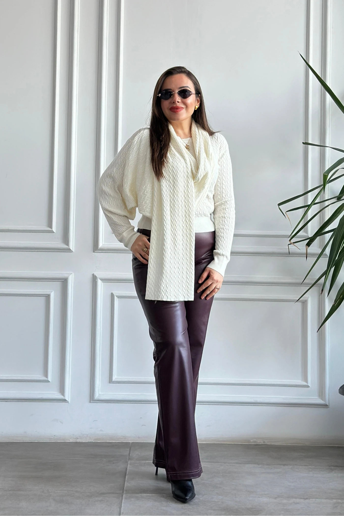 Sıvama Şardonlu Deri Pantolon - BORDO