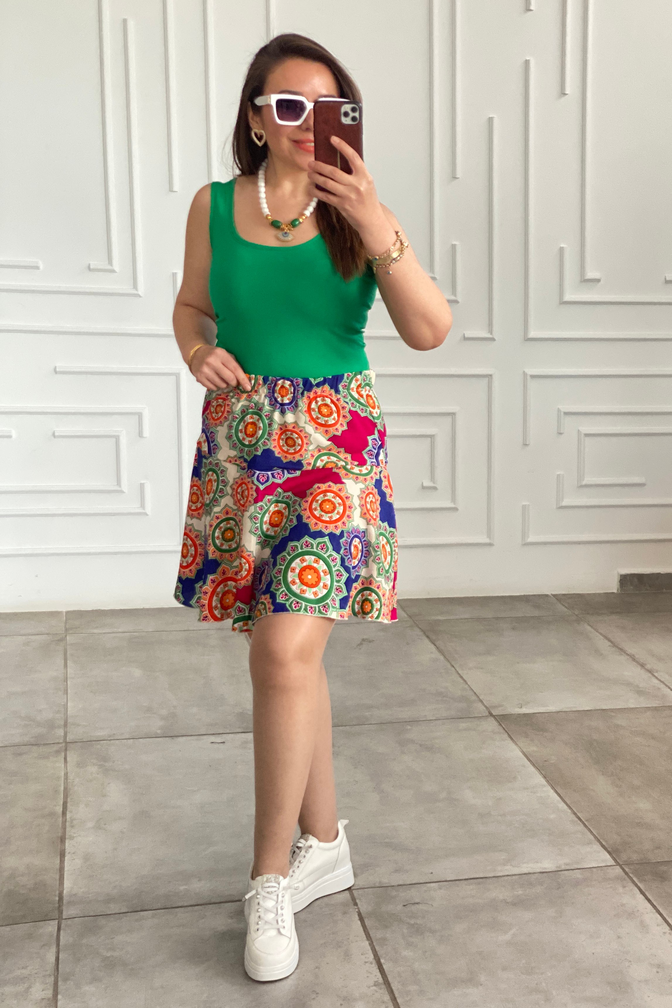 Karışık Desenli Viscon Şort Etek  - FUSYA MANDALA