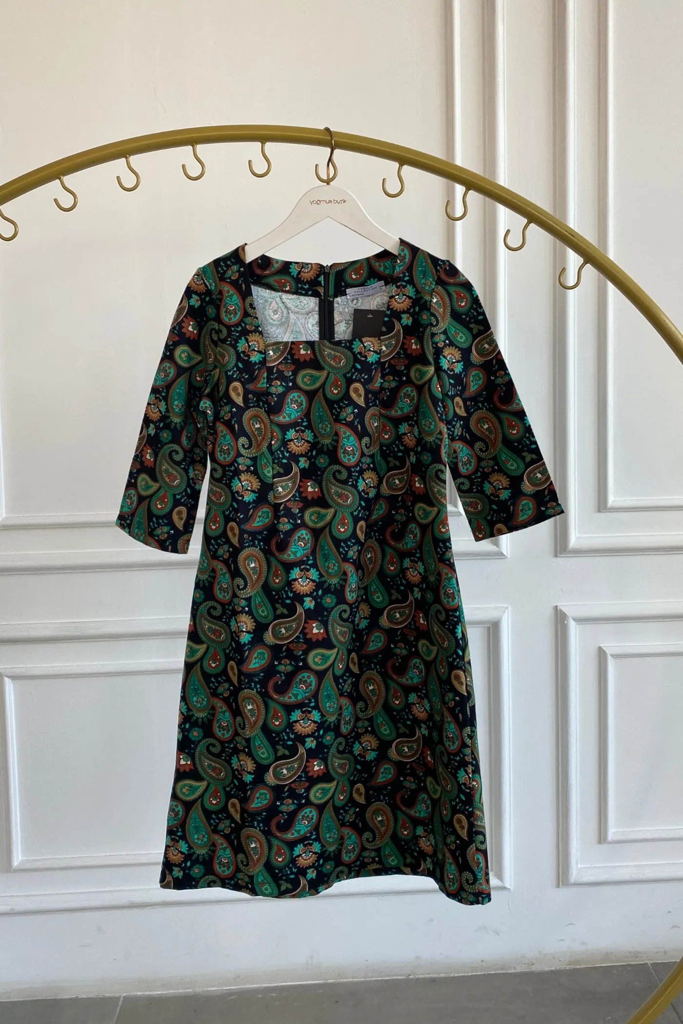 Kare Yaka Pazen Elbise - YESIL SIYAH