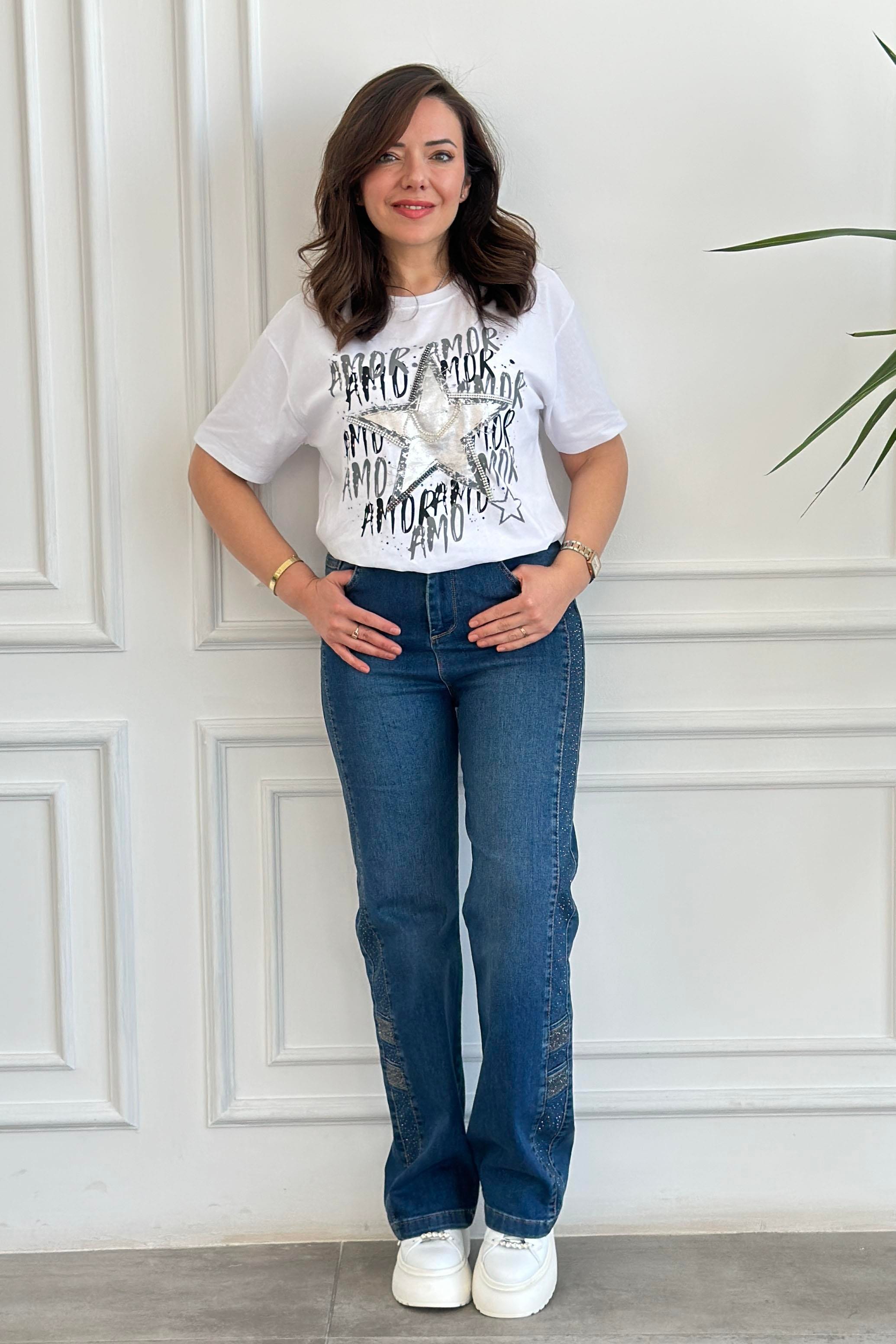 Bisiklet Yaka Yıldız Baskılı Taş İşlemeli T-Shirt